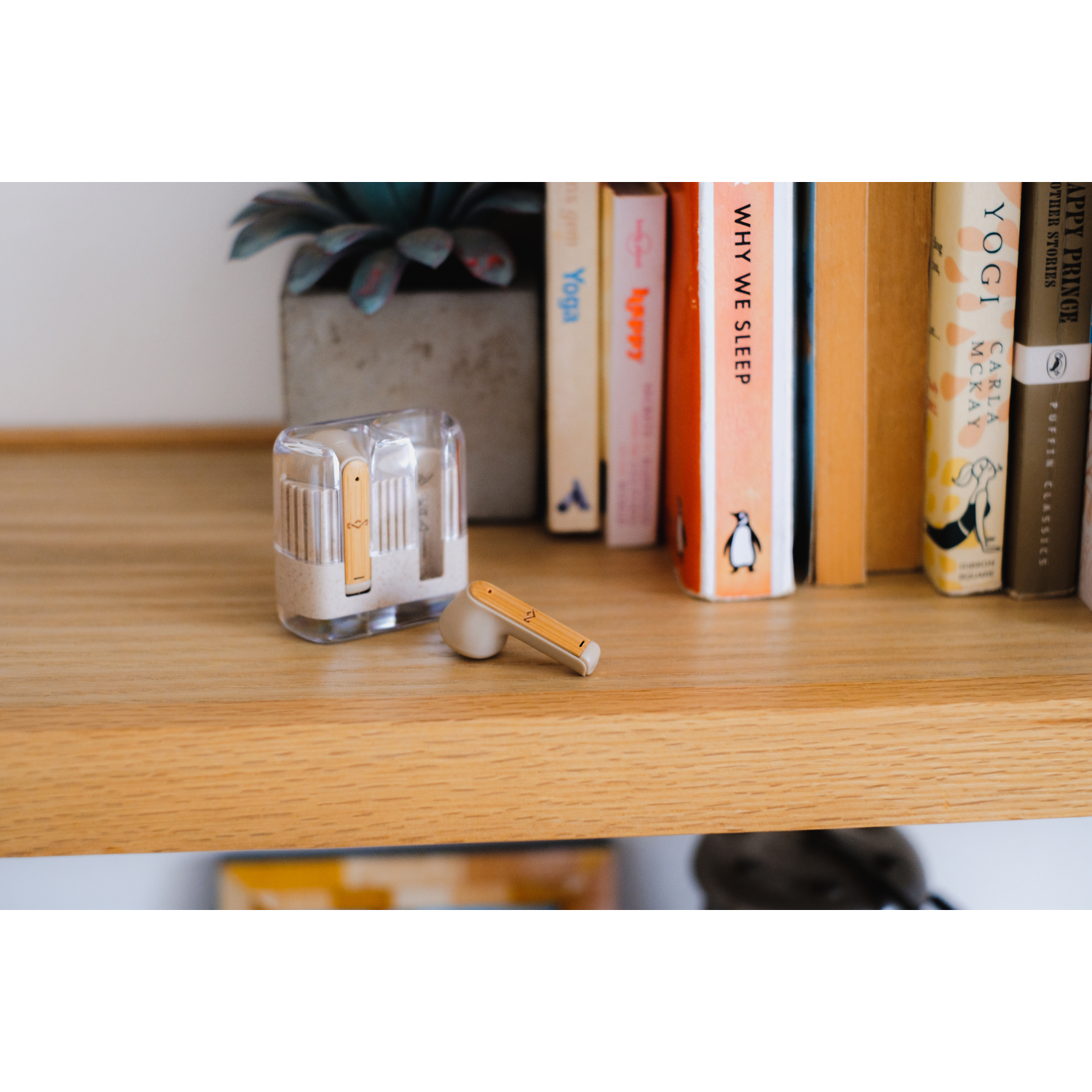 Oordopjes en oplaadcase op een houten plank met boeken en een plant op de achtergrond.
