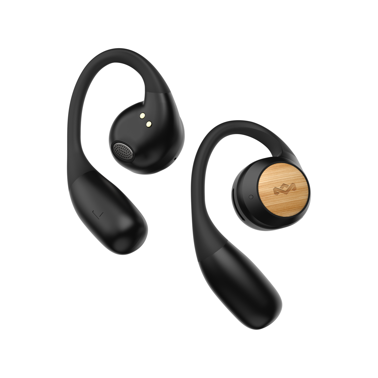 Black wireless ear buds with ear hooks. One has a wooden accent.