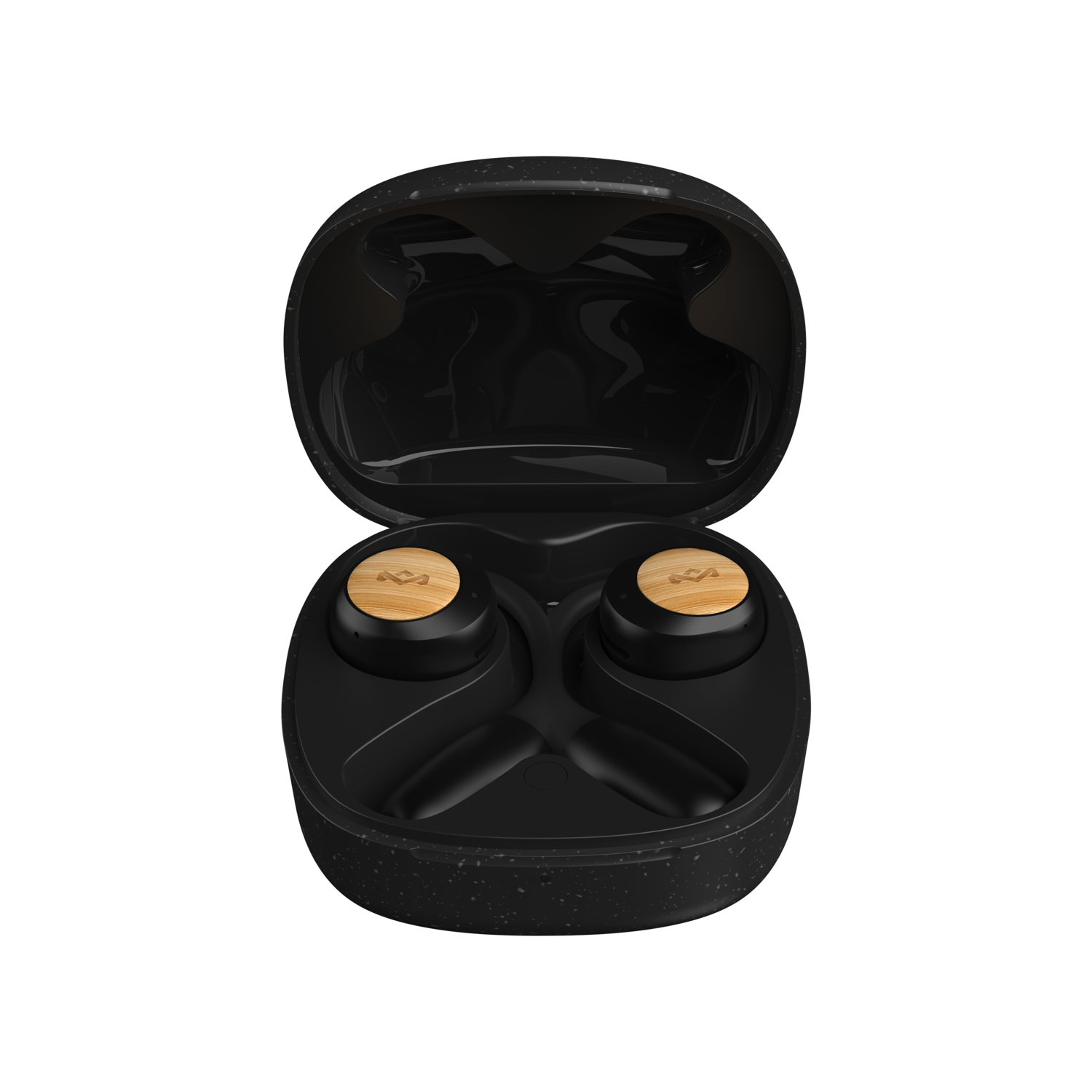 Black earbud case open, showing two earbuds with wood-grain accents.