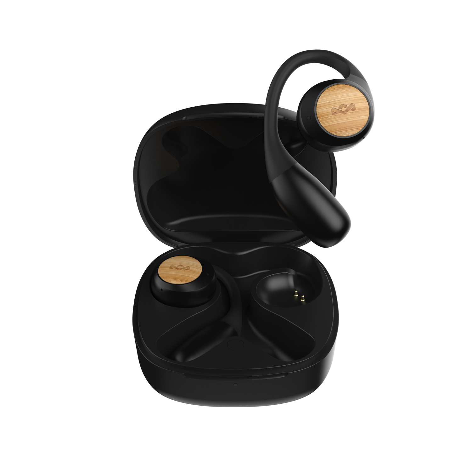 Black wireless earbuds in a charging case, with wooden accents, on a black background.