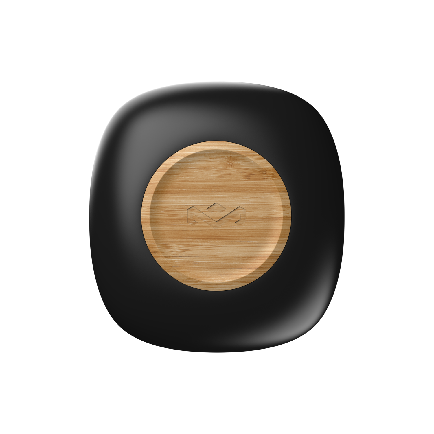 Black device with a wooden center. The device has a rounded square shape.