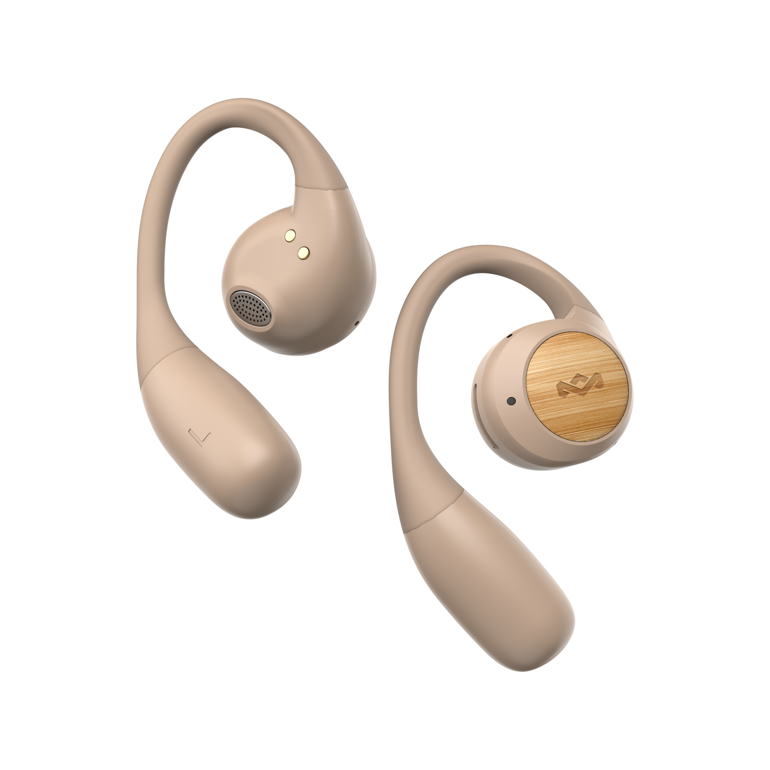 Pair of beige, ergonomic earbuds with a wooden accent on one.