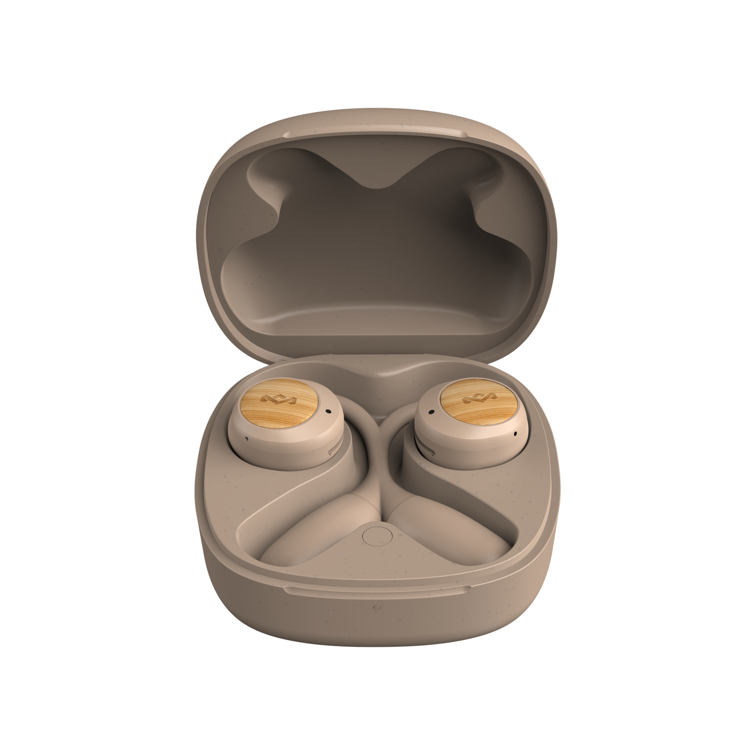Earbuds in a charging case. The case and earbuds are beige with wood-grain accents.