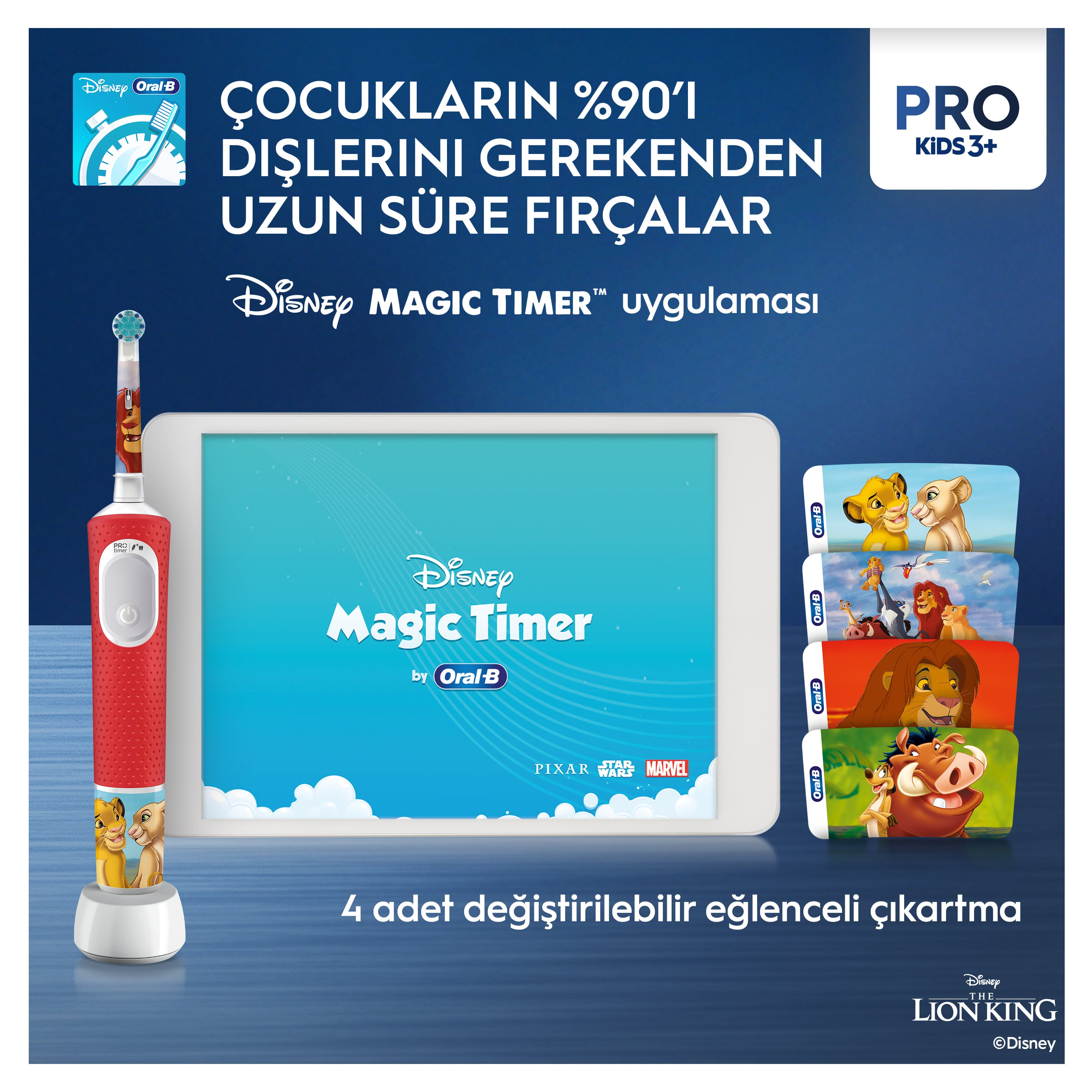 Aslan Kral temalı kırmızı ve beyaz bir elektrikli diş fırçası, Disney Magic Timer uygulamasını gösteren bir tabletin yanında.