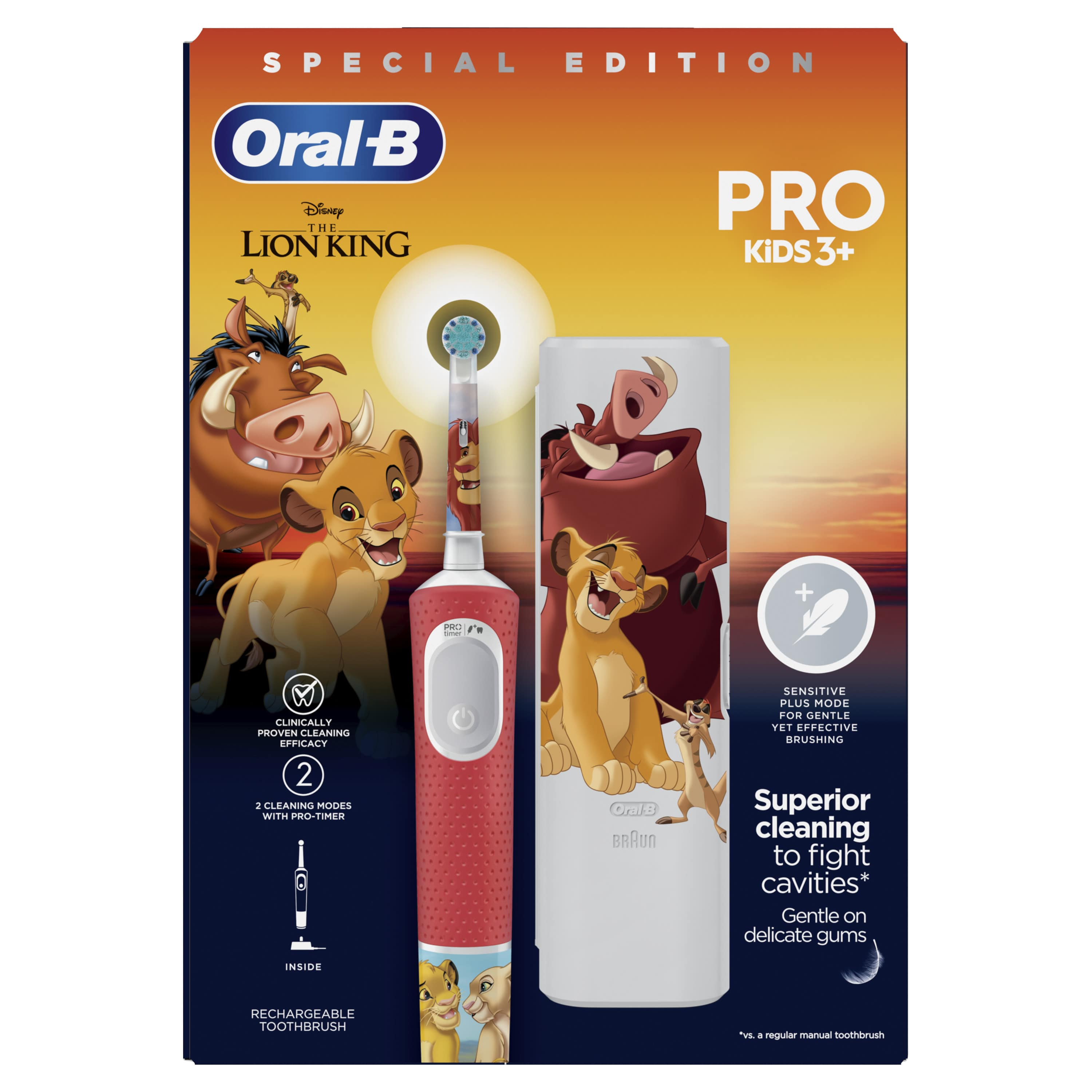 Oral-B Disney Aslan Kral diş fırçası ambalajı, kırmızı, karakterler, metin.