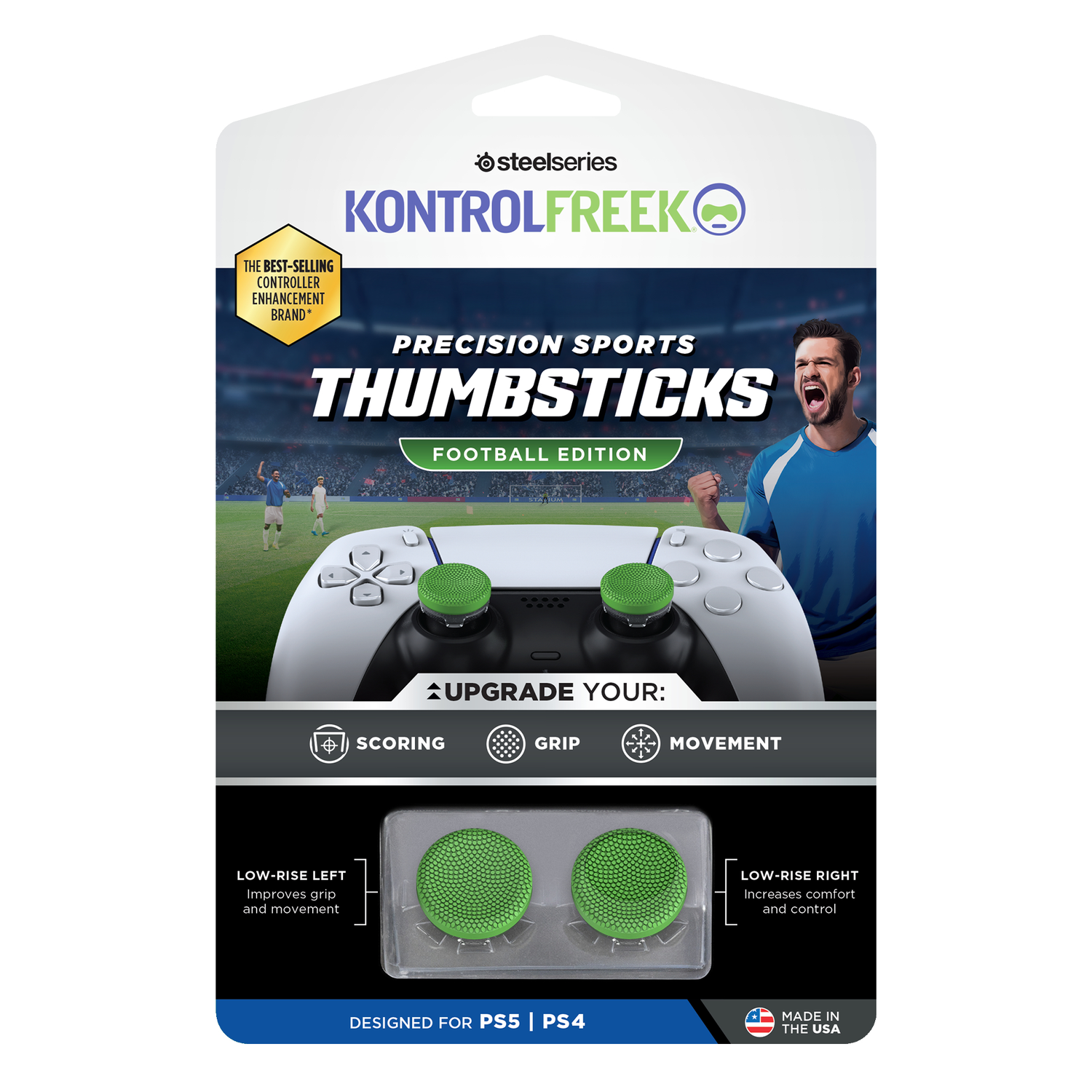 Gamepad with green thumbsticks, text 'KontrolFreek,' and background of a football field.