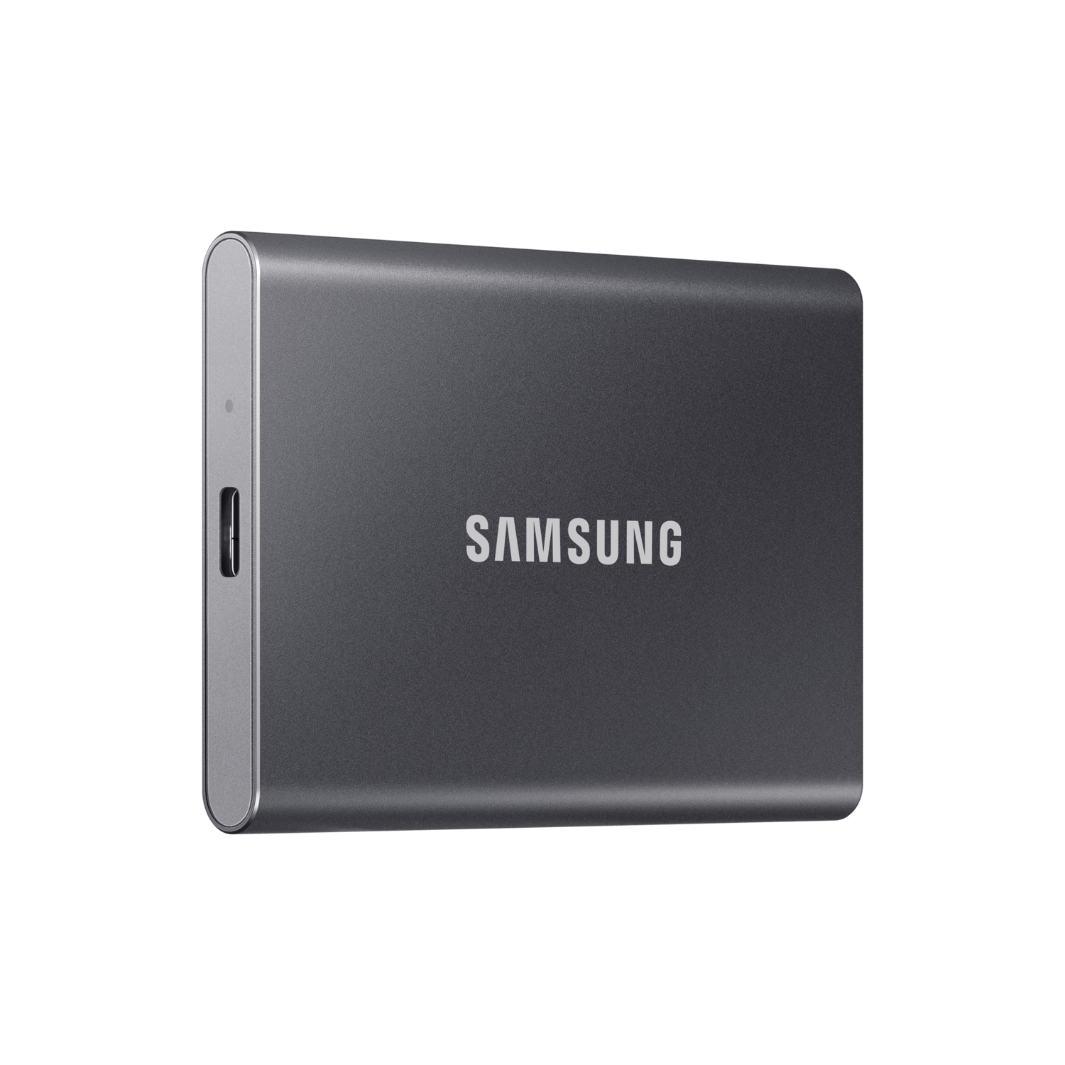 Close-up of a dark gray portable solid-state drive (SSD) with the Samsung logo.