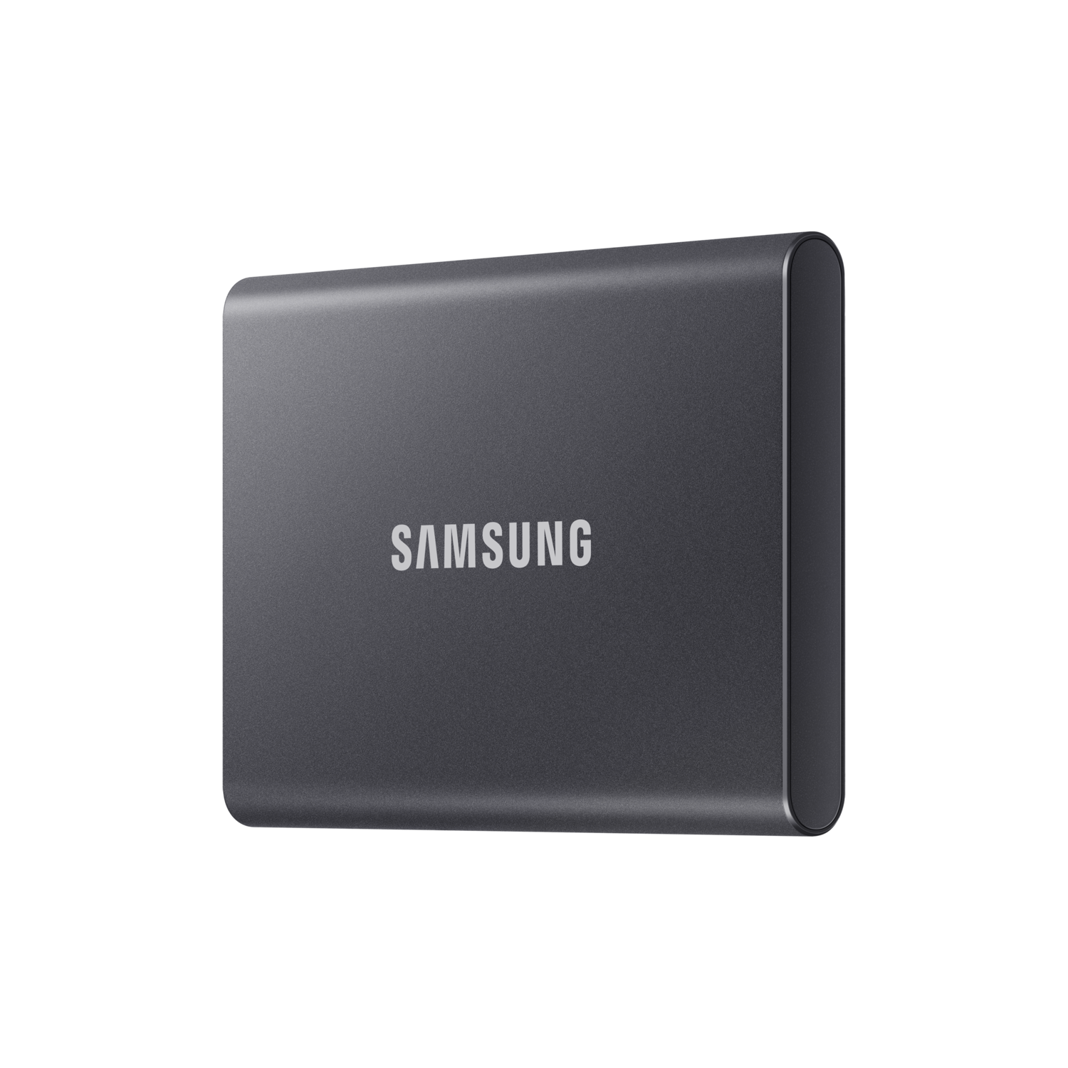 A dark gray portable SSD on a black background, showing the brand name.