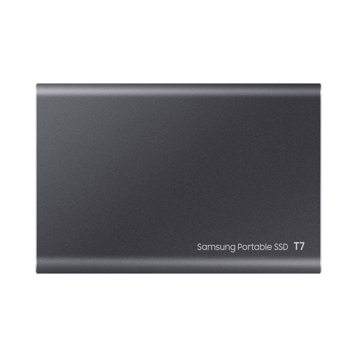 Dark gray Samsung Portable SSD T7, black background, product shot.