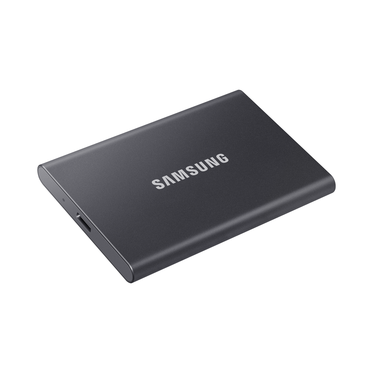 A dark gray Samsung portable SSD on a black background.