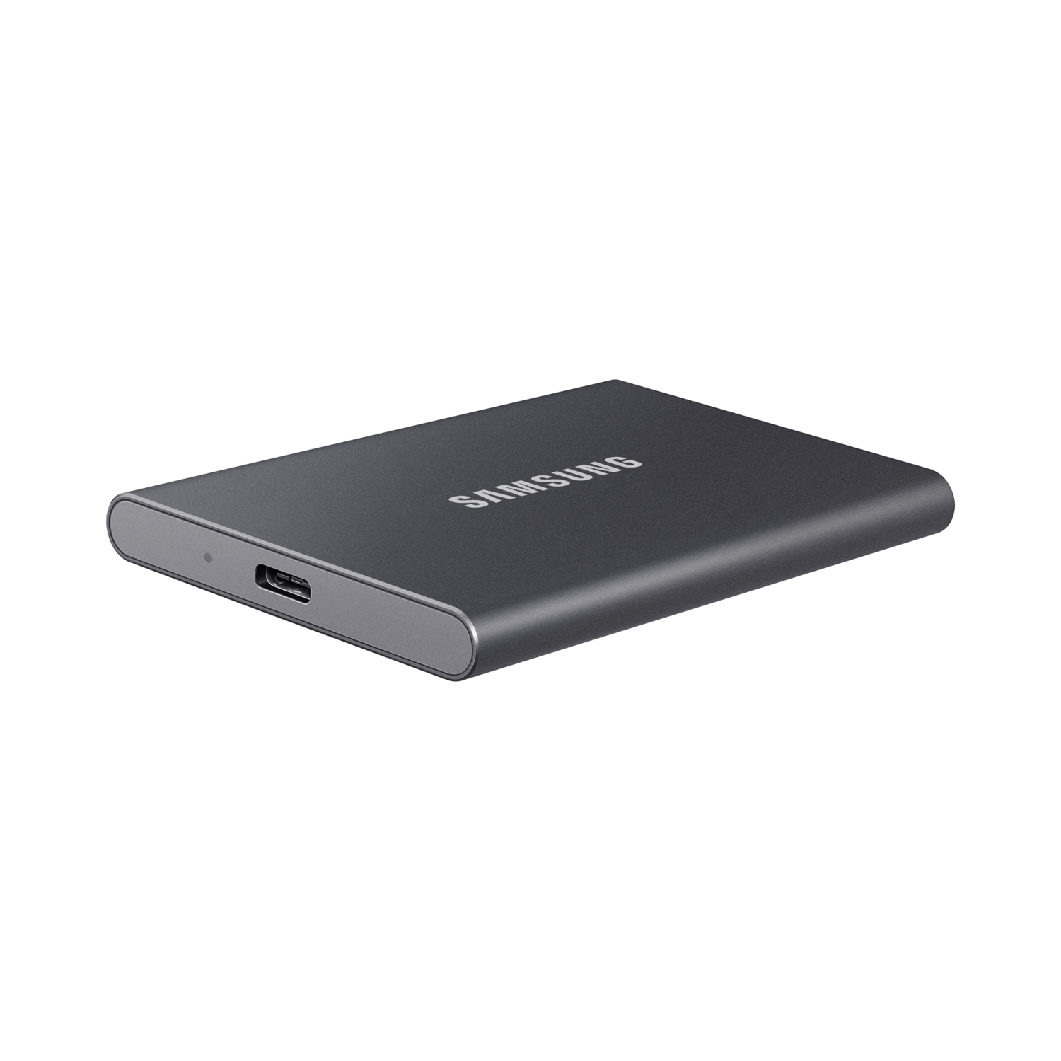 A dark gray Samsung portable SSD on a black background, with a USB-C port visible.