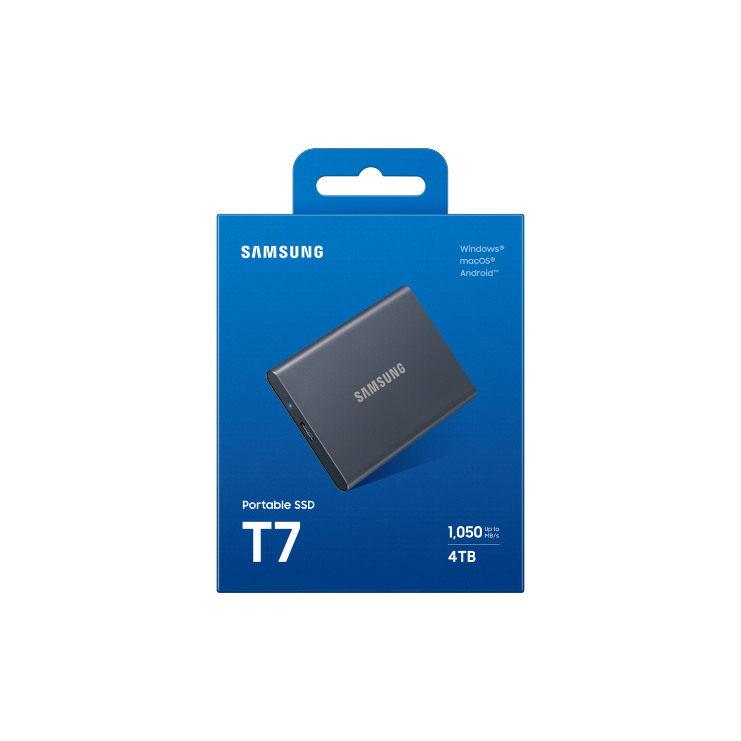 Samsung Portable SSD T7 in blue box, black background, product shot.