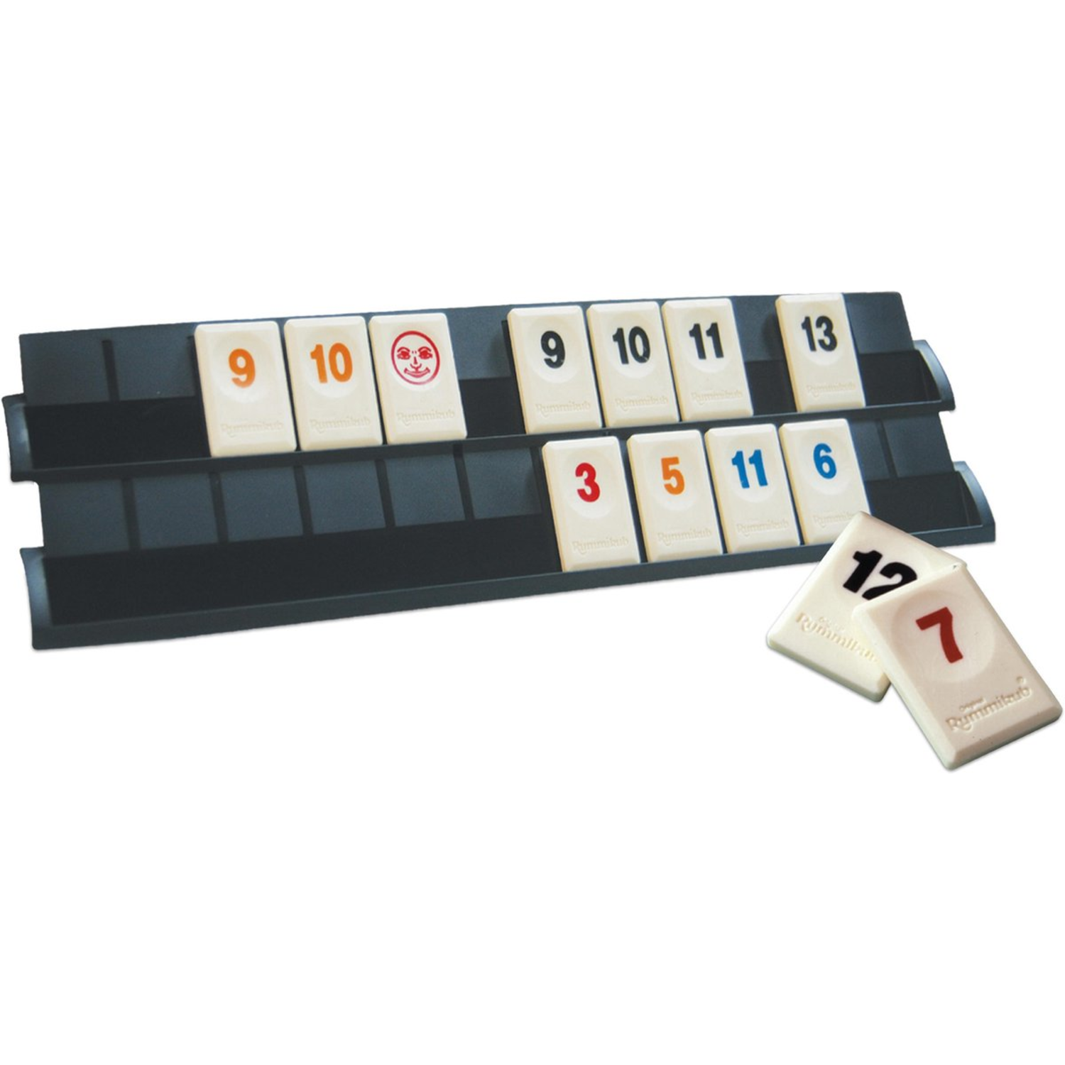 Rummikub game tiles on a rack, with a few tiles on the table.