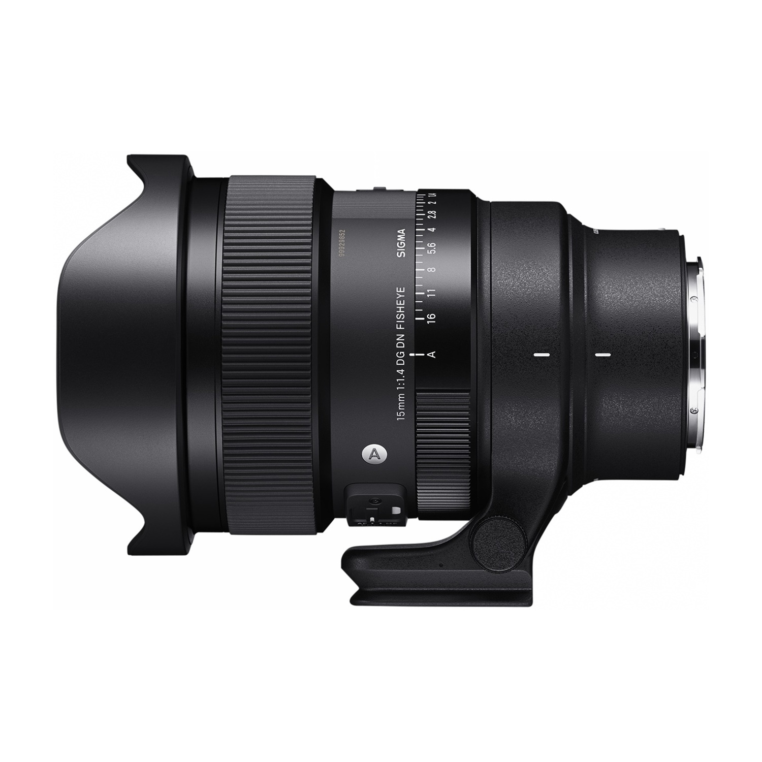Un obiettivo per fotocamera nero con paraluce e sfondo bianco.