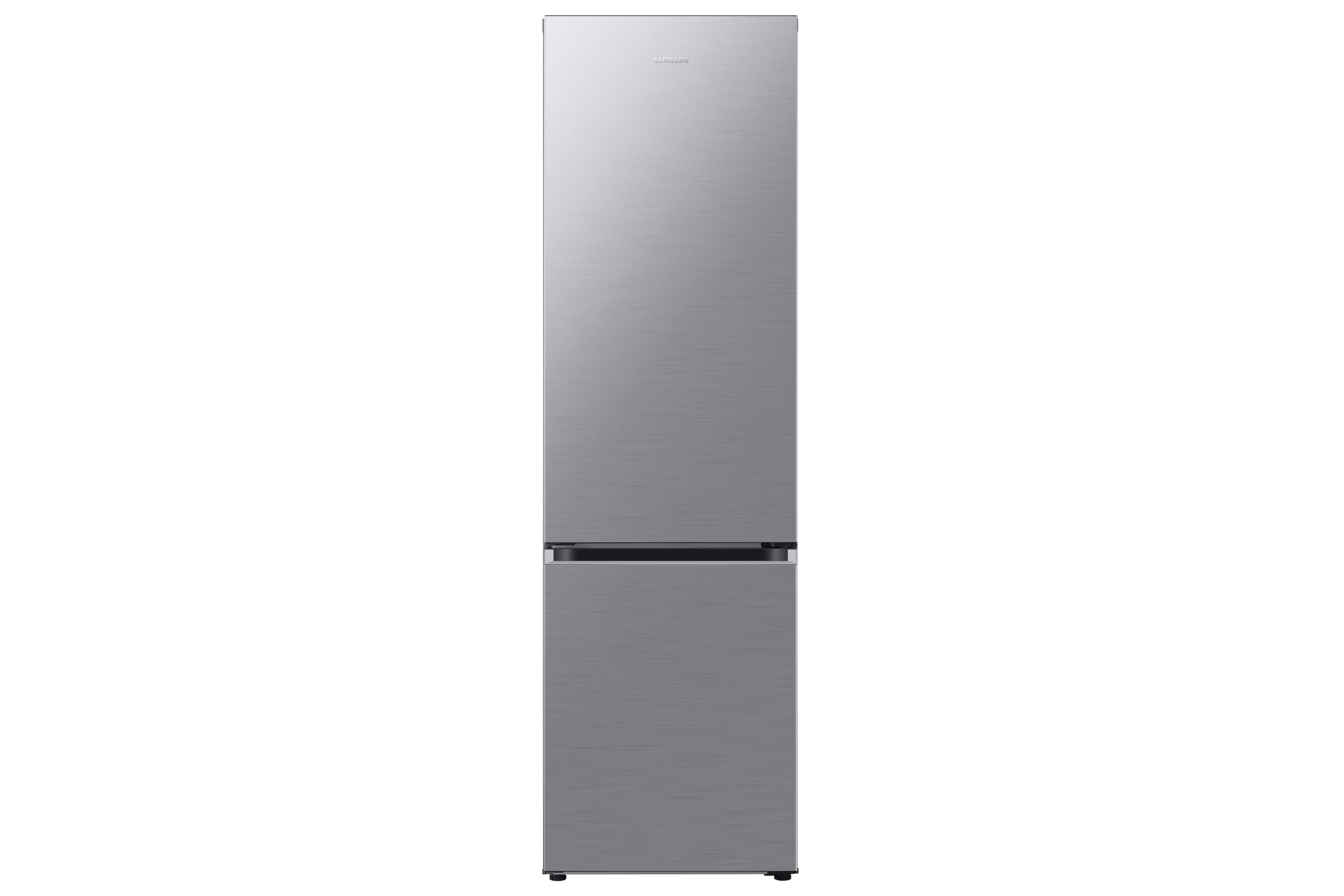 Silberner Kühlschrank mit zwei Türen. Samsung-Logo oben.