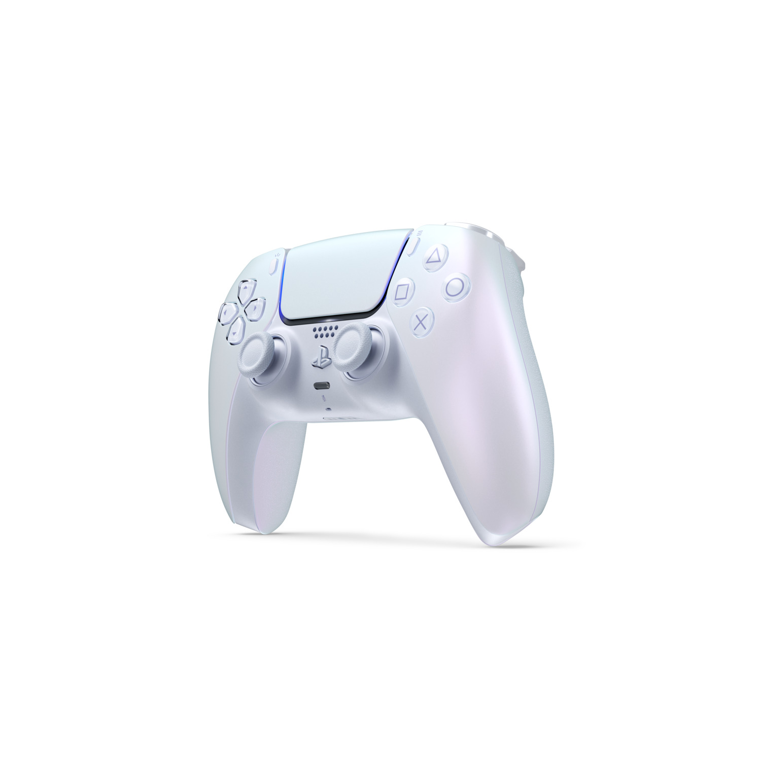 Manette PS5 blanche sur fond blanc. Boutons, joysticks et gâchettes sont visibles.