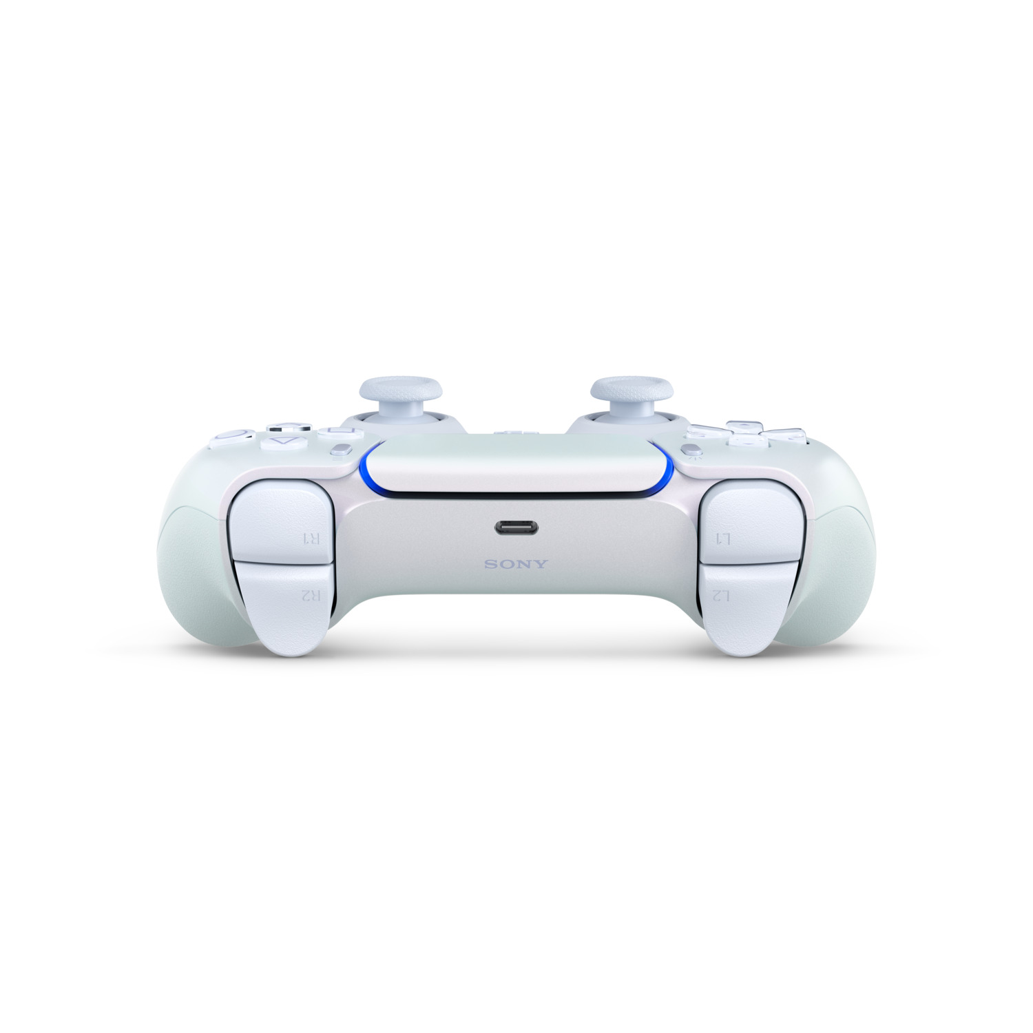 Manette blanche PlayStation 5. Elle comporte des boutons, des joysticks et le logo Sony.