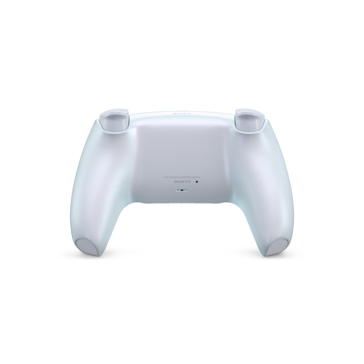 Une manette PlayStation 5 blanche, avec le logo Sony et le pavé tactile visibles, et le dos vers le haut.