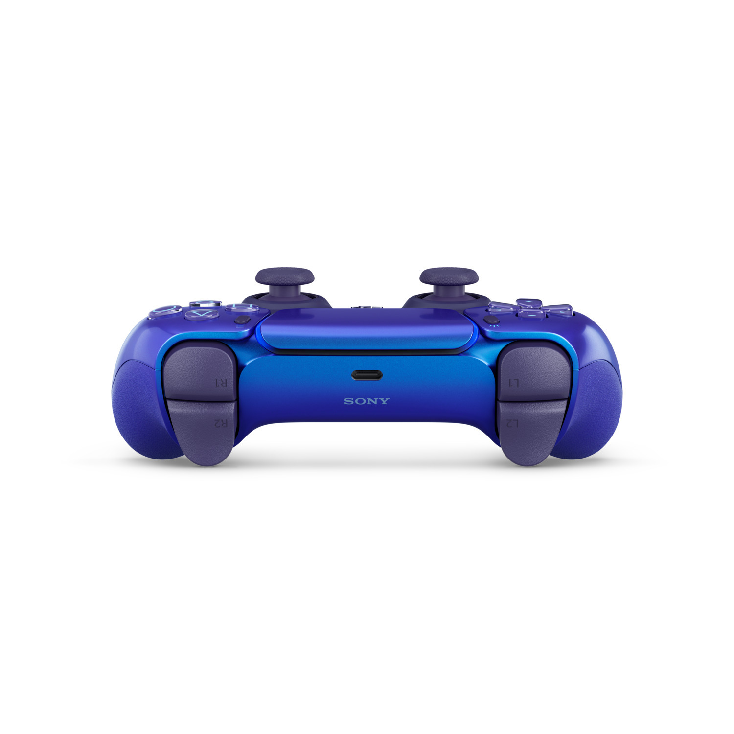 Blauwe en paarse PlayStation-controller. Het Sony-logo is zichtbaar in het midden.