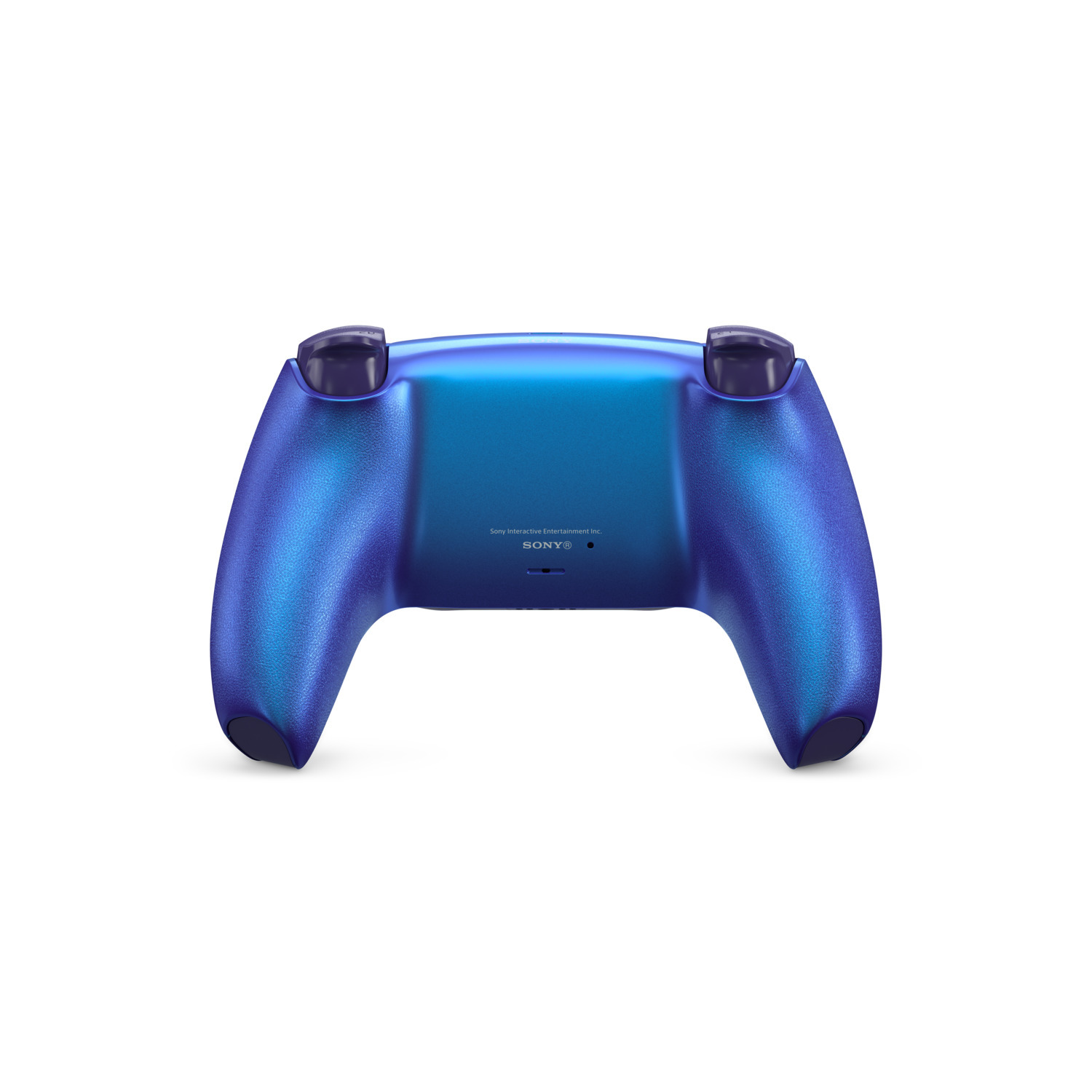Blauwe PlayStation 5-controller, achteraanzicht, met donkerblauwe knoppen.