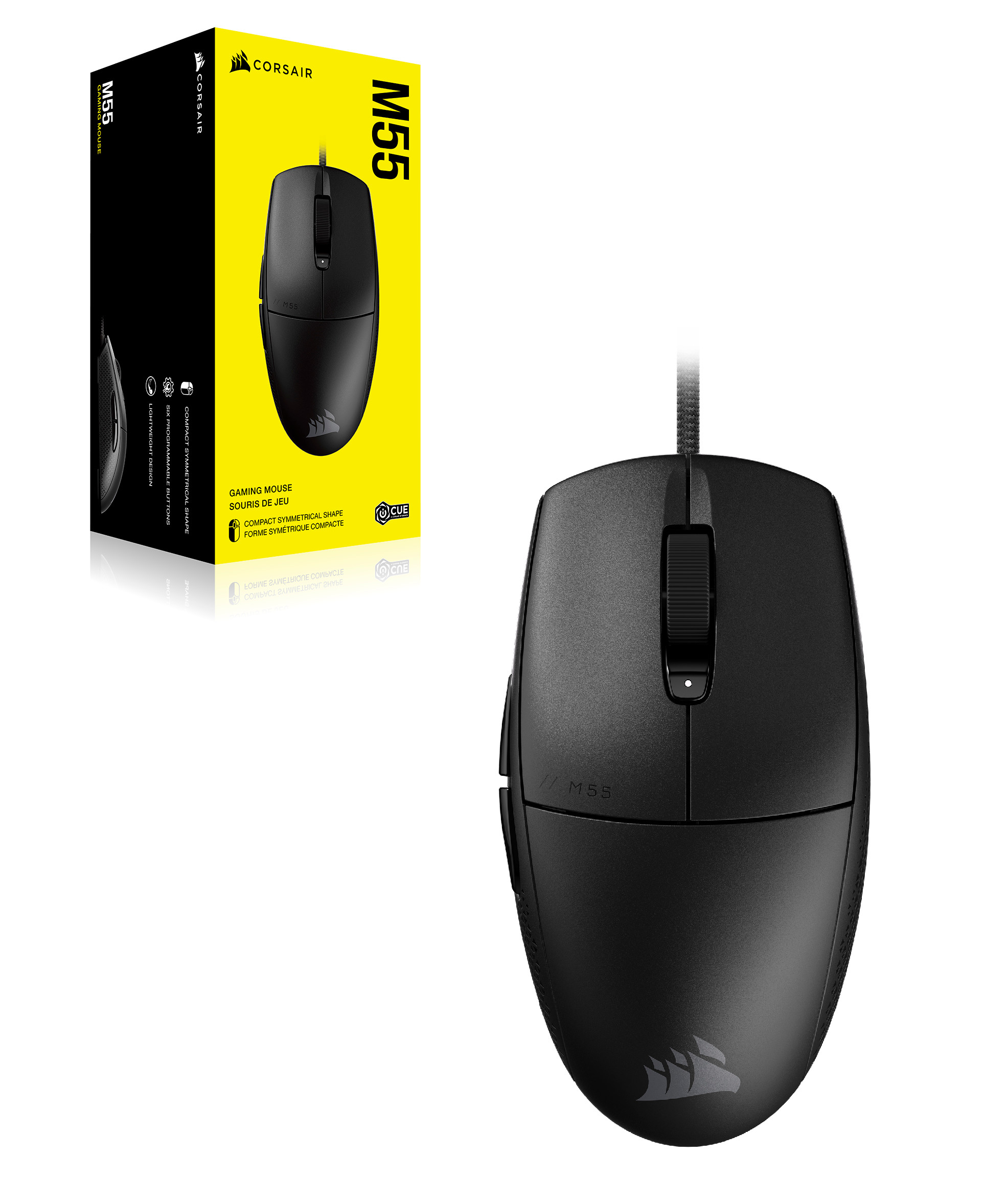 Czarna mysz do gier Corsair M55, pudełko w tle, białe tło.