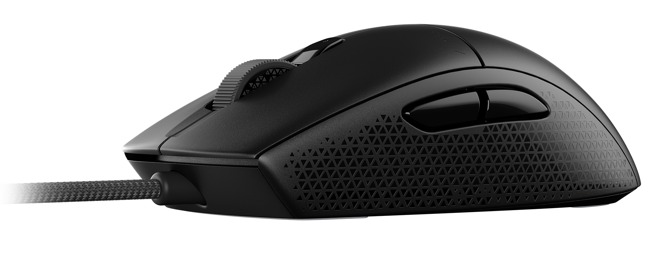 Czarna mysz do gier z kółkiem przewijania, bocznymi przyciskami i teksturowanym uchwytem.