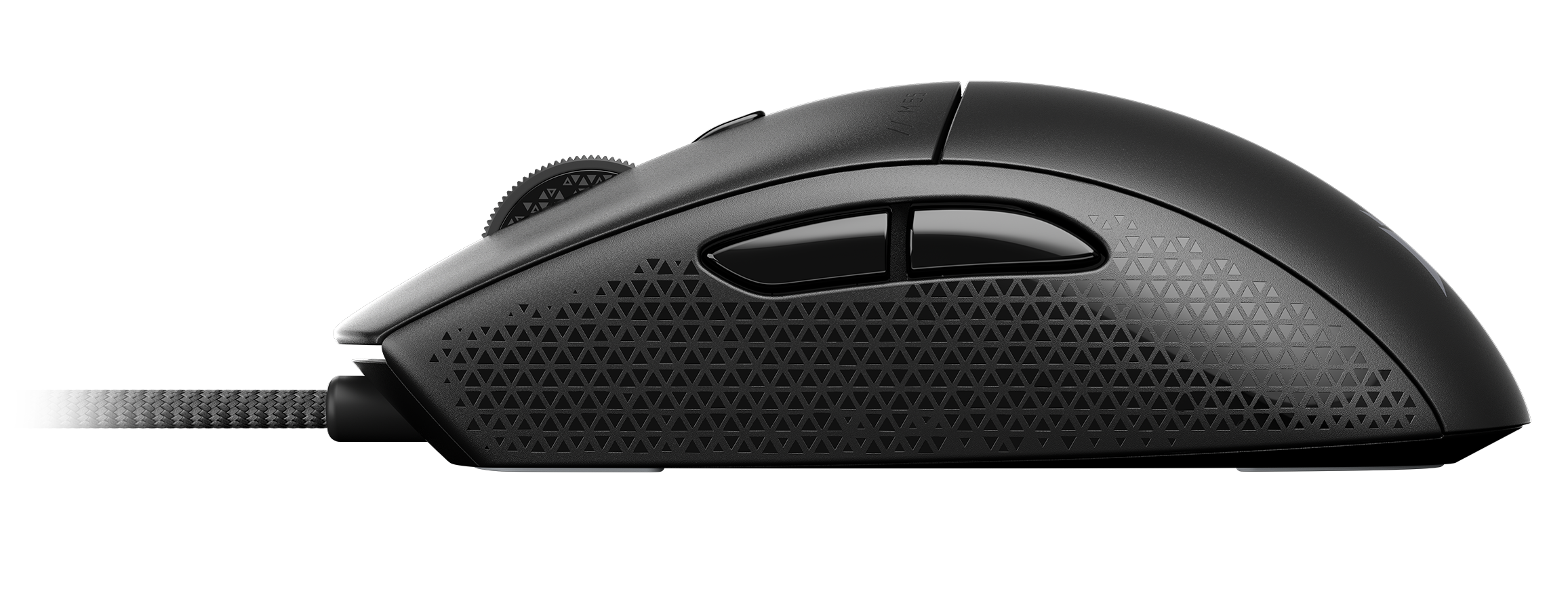 Czarna mysz komputerowa z teksturowanym wzorem, kółkiem przewijania i kablem.