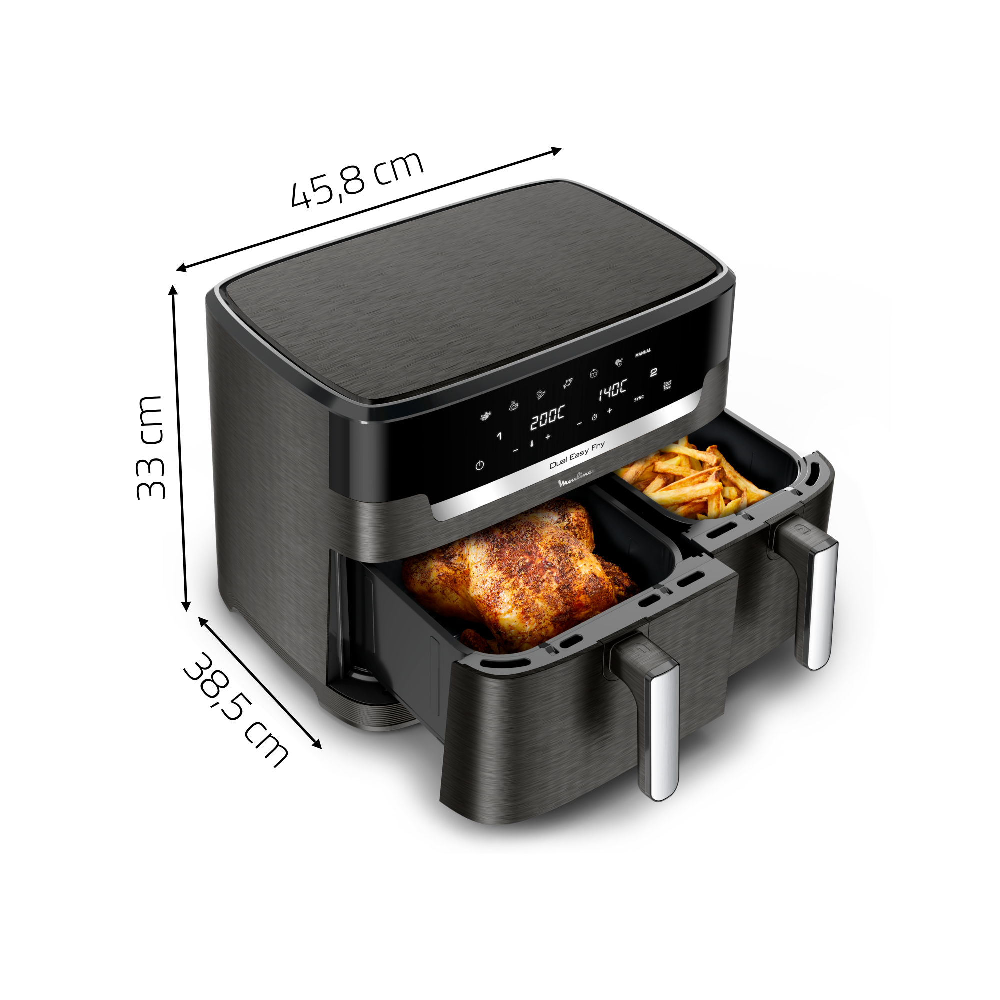Freidora de aire gris oscuro con dimensiones, con pollo y papas fritas cocinadas.