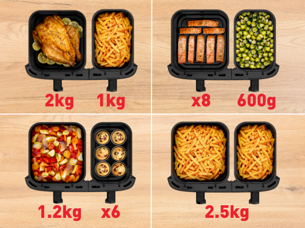 Una freidora de aire con compartimentos de comida cocinada, incluyendo pollo y patatas fritas.