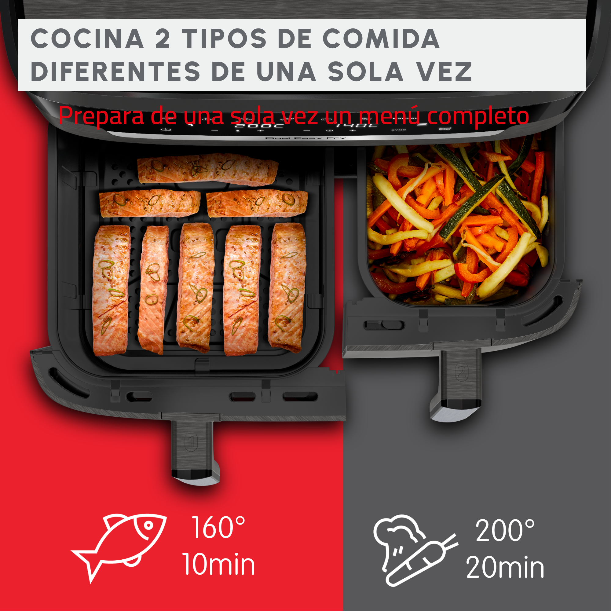 Freidora de aire mostrando comida dentro. Salmón y verduras. Texto: Cocina 2 tipos de comida diferentes a la vez.