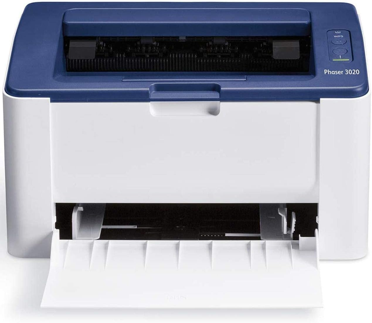 Xerox Phaser 3020 nyomtató, fehér és kék, elölnézet, papírtálca nyitva.