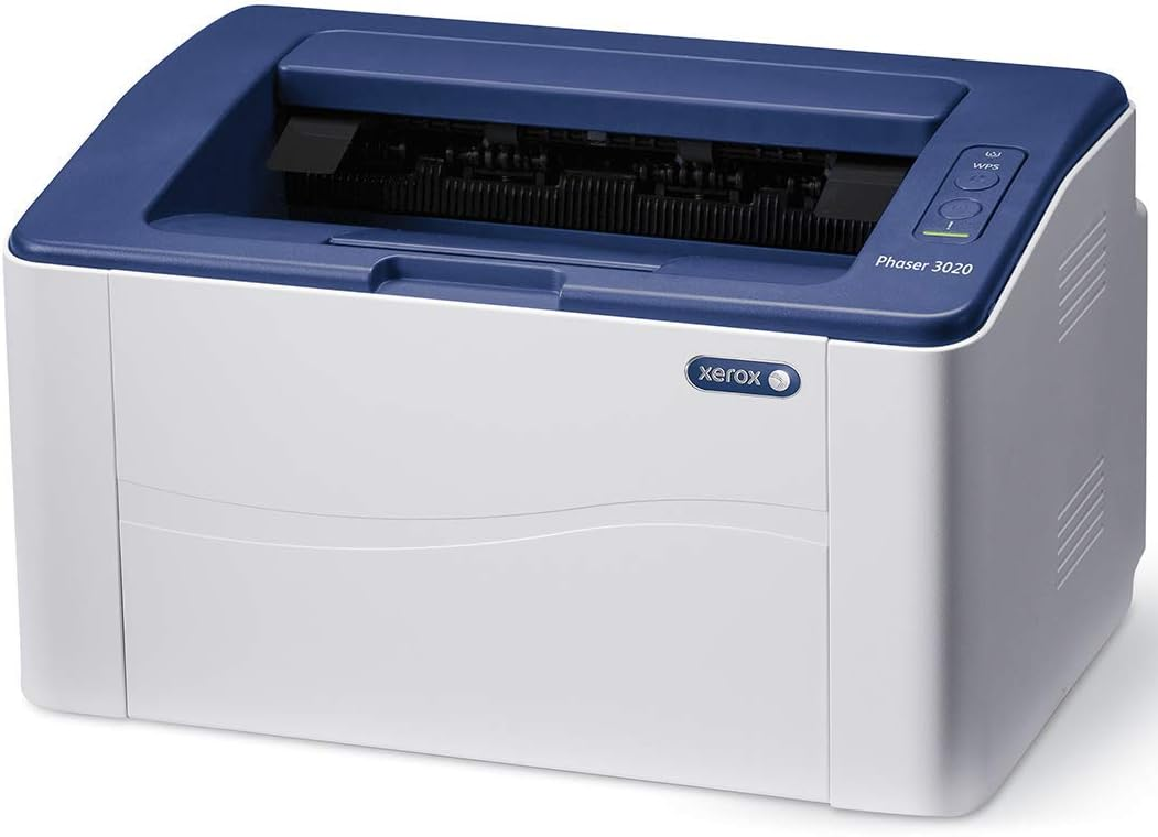 Xerox Phaser 3020 nyomtató, kék és fehér, fehér felületen.