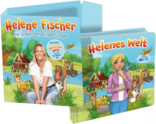 Zwei Buchcover mit Helene Fischer darauf. Eines zeigt sie mit Zeichentieren, das andere mit einem Cartoon.