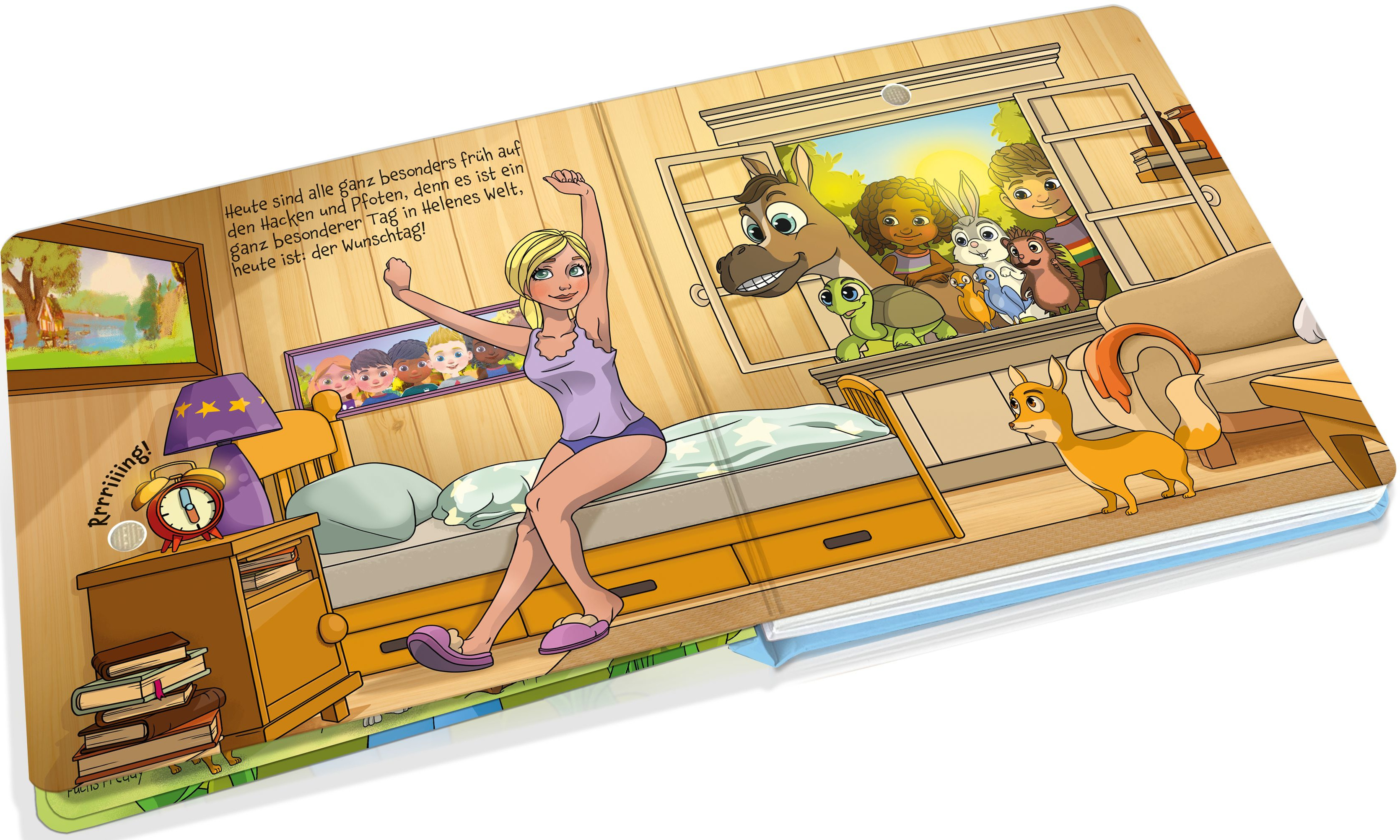 Offene Buchillustration mit einem Mädchen, das aufwacht, Pferd, Eichhörnchen und andere Tiere in einem Zimmer.