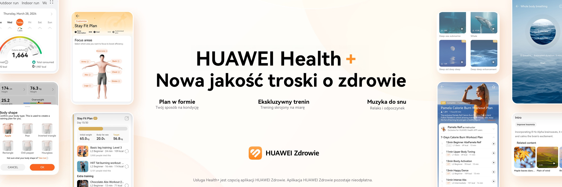 Interfejs aplikacji Huawei Health+. Wyświetla dane fitness, plany treningowe i wskaźniki zdrowia.