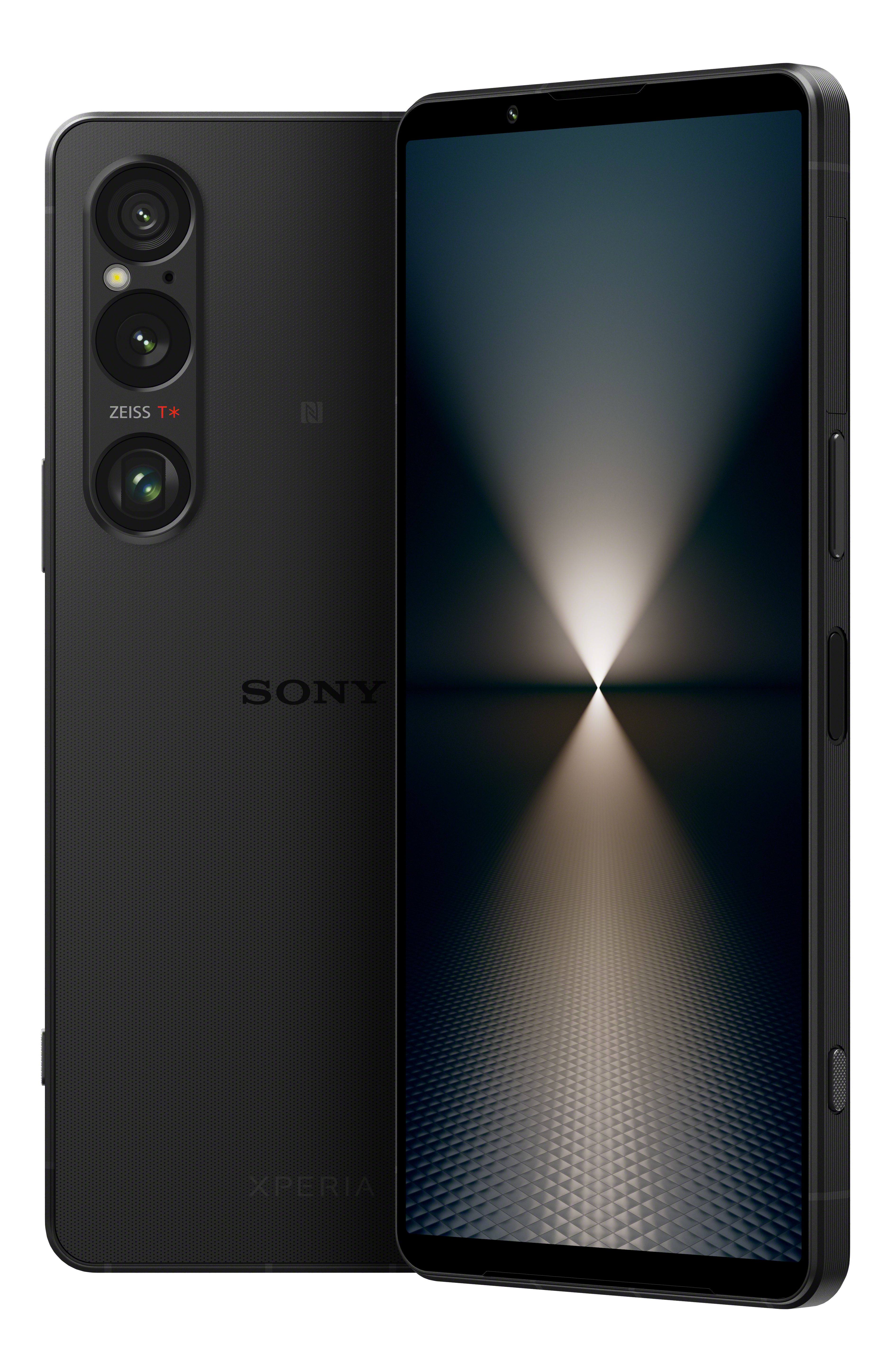 Schwarzes Sony Xperia-Telefon. Die Rückseite hat drei Kameras. Der Bildschirm zeigt einen hellen und dunklen Farbverlauf.