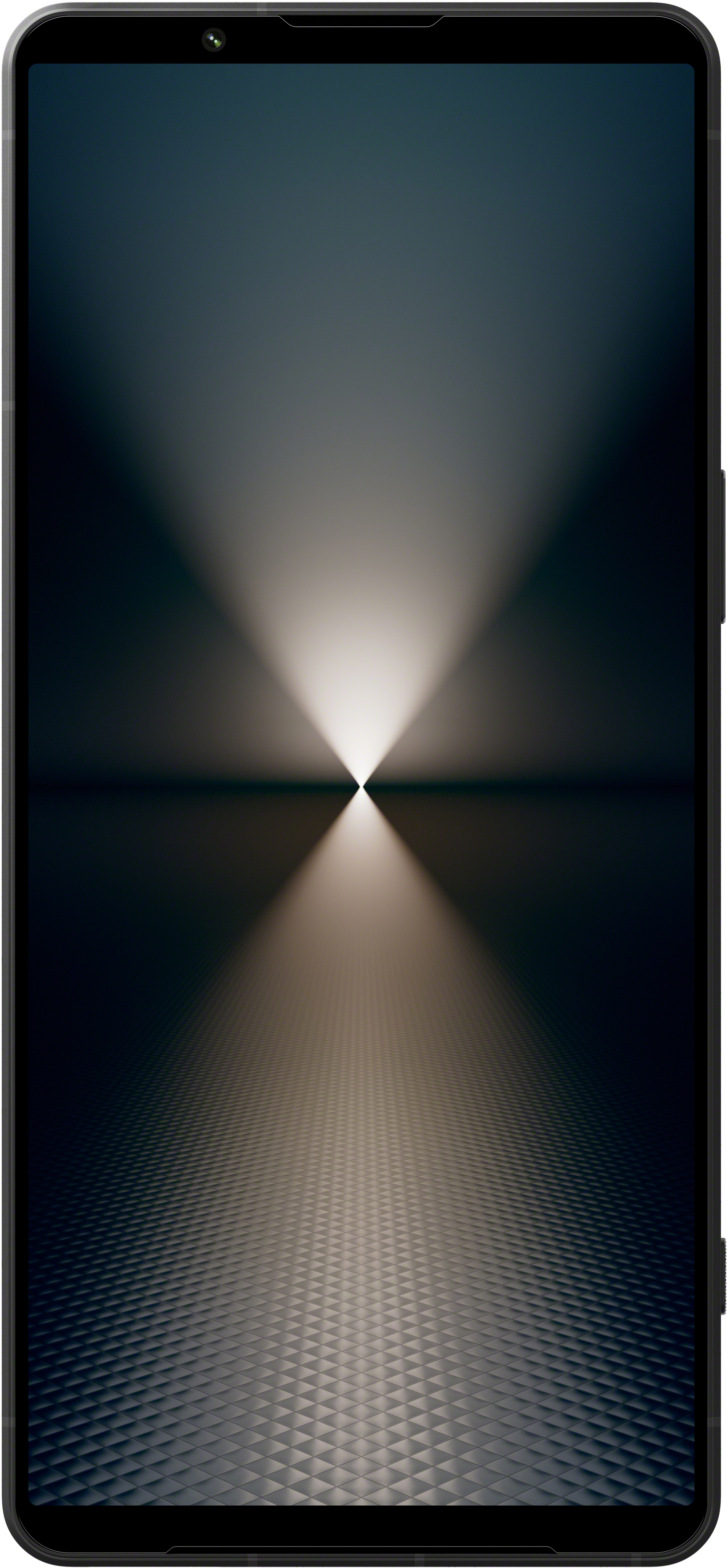 Ein schwarzes Smartphone mit hellem Licht, das von der Mitte des Bildschirms ausgeht.