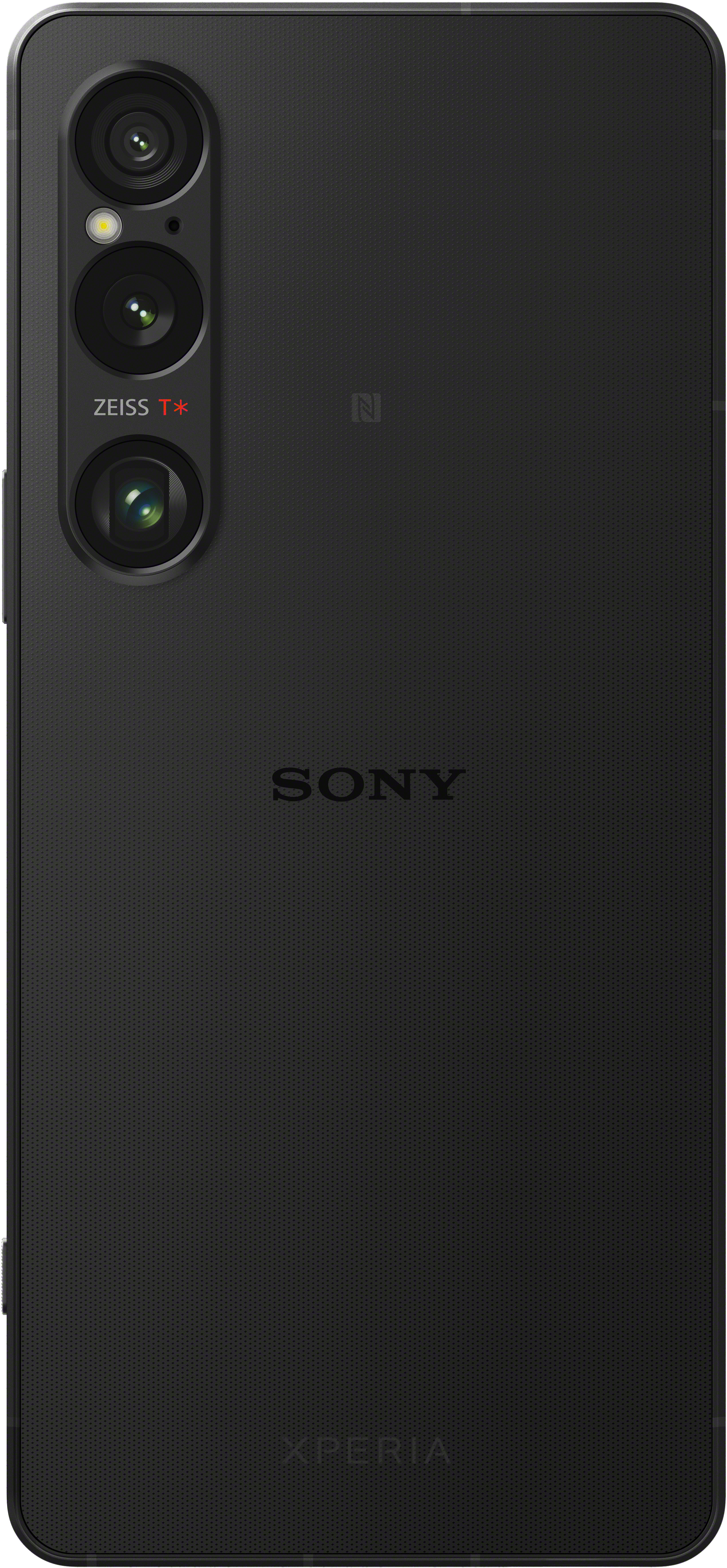 Schwarze Sony Xperia Telefonrückseite mit Dreifachkamera und Zeiss-Objektiv.