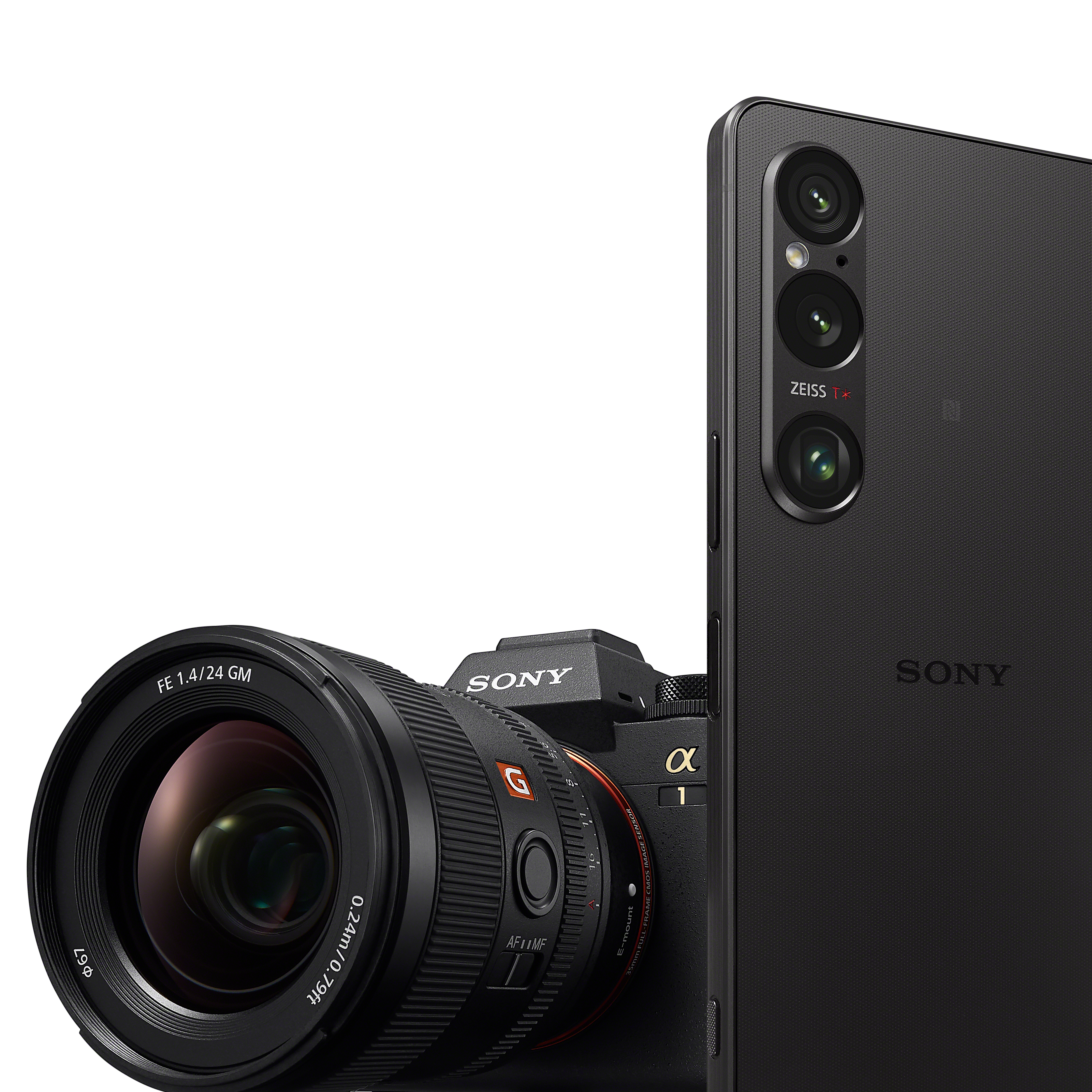Eine schwarze Sony-Kamera und ein Telefon werden angezeigt. Die Kamera hat ein großes Objektiv. Das Telefon hat mehrere Objektive.