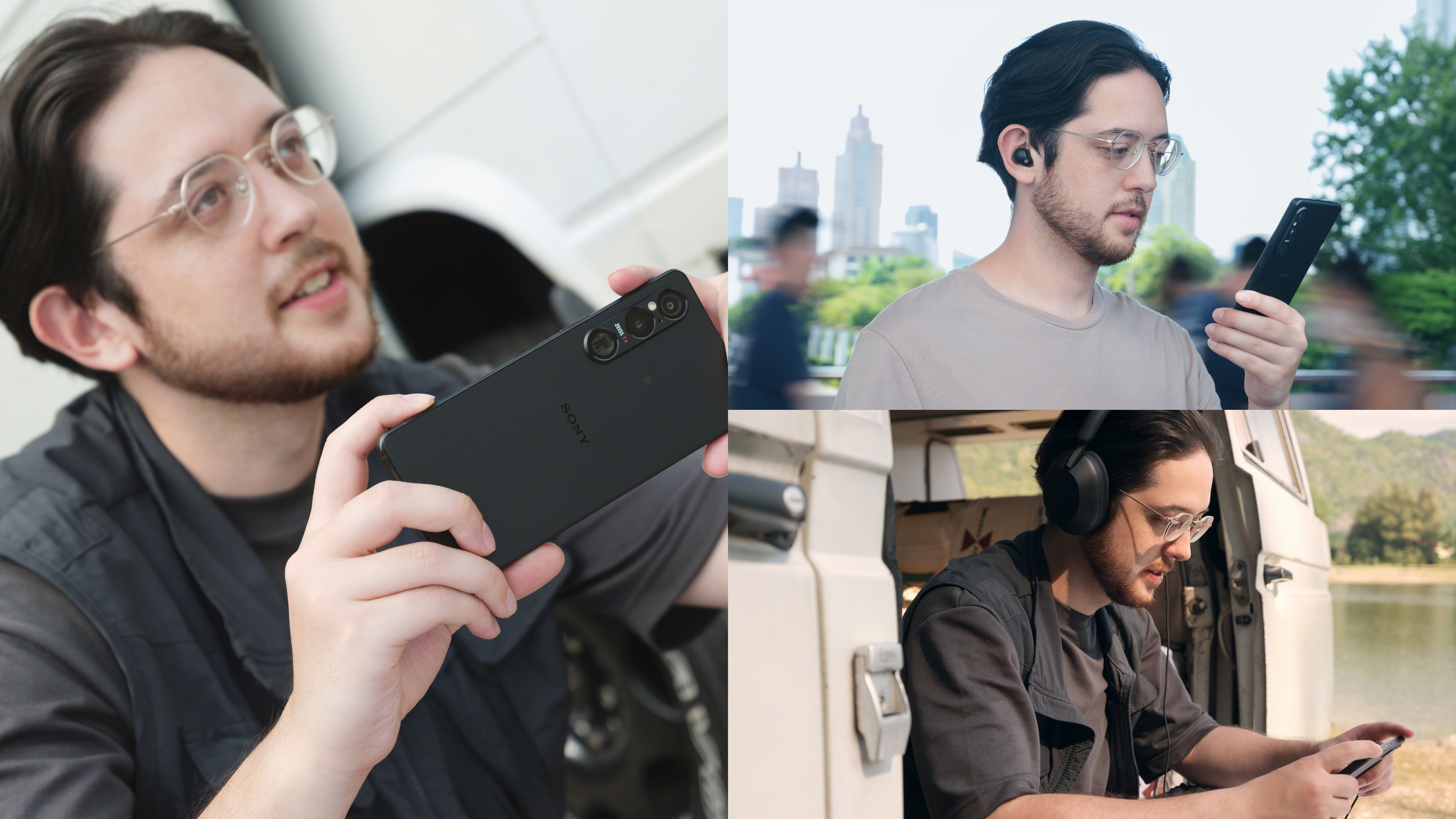 Ein Mann mit Brille benutzt ein Telefon, trägt Kopfhörer und hält das Telefon. Er befindet sich in verschiedenen Umgebungen: draußen und in einem Gebäude.