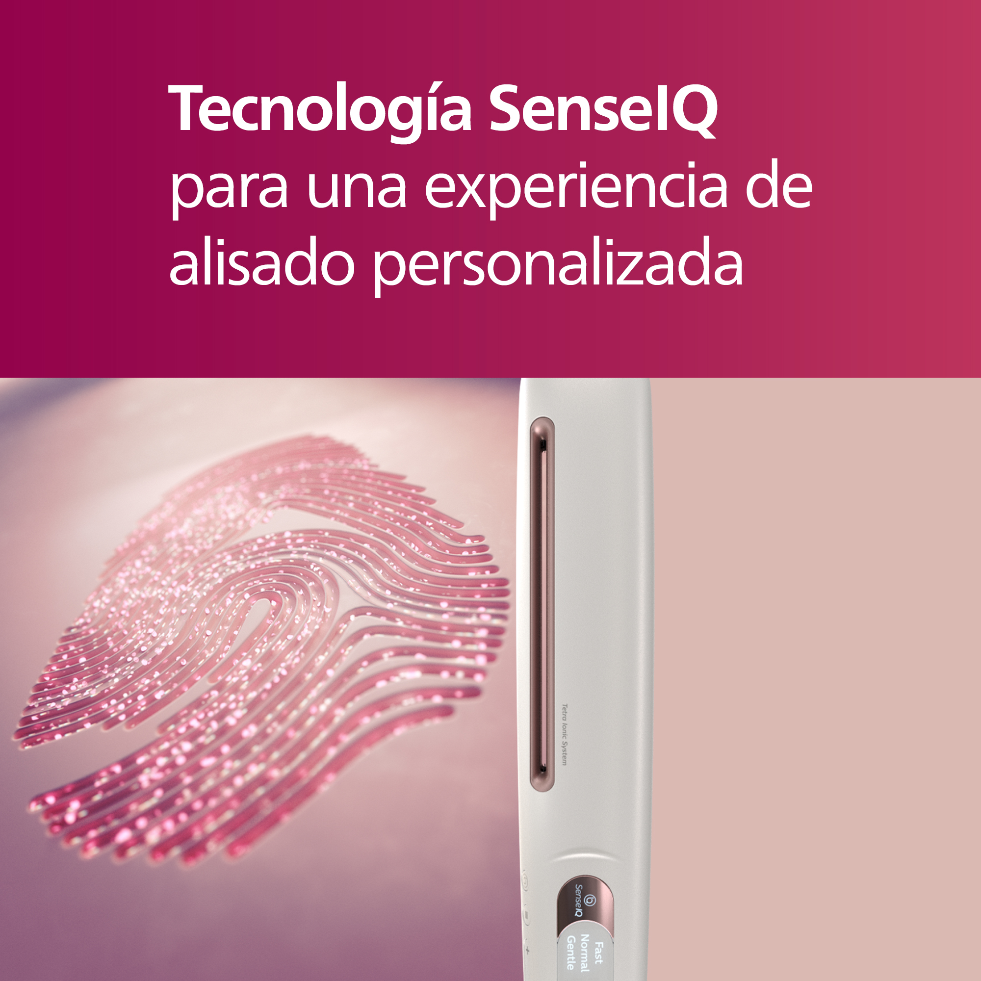 Primer plano de un alisador de cabello blanco con diseño de huella dactilar rosa.