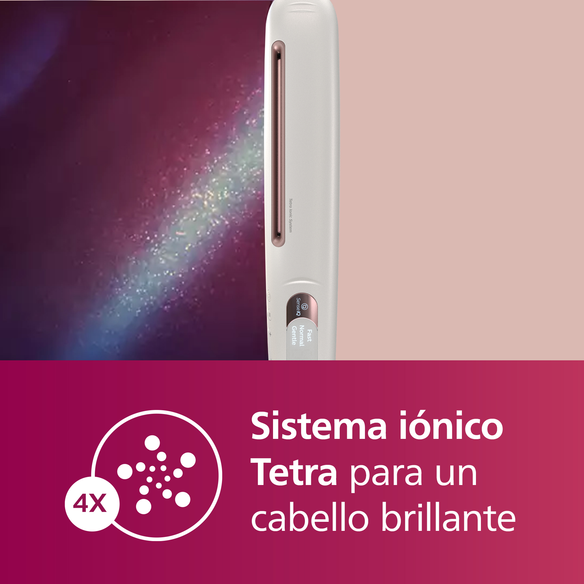 Plancha de pelo con cuerpo blanco y detalles oro rosa. Fondo rosa y morado.