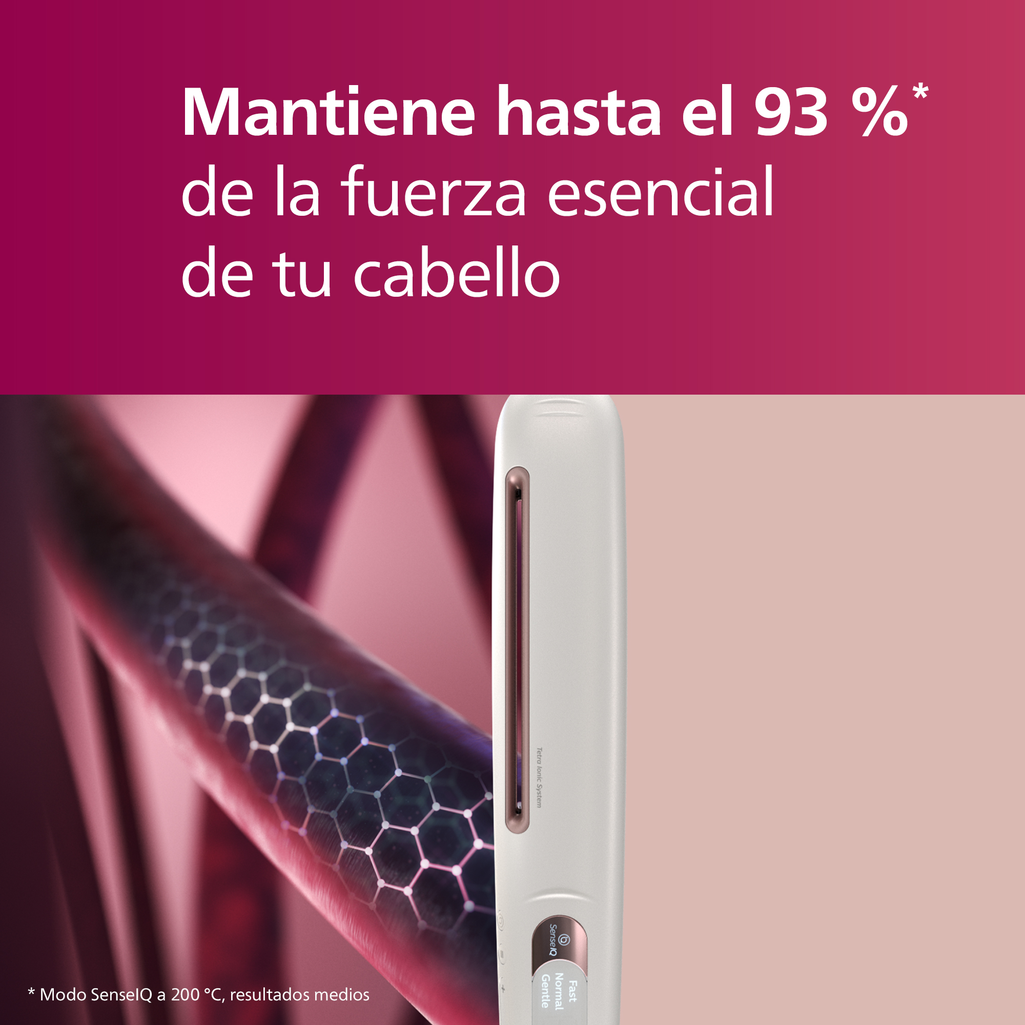 Una plancha de pelo y un mechón de pelo, con superposición de texto.