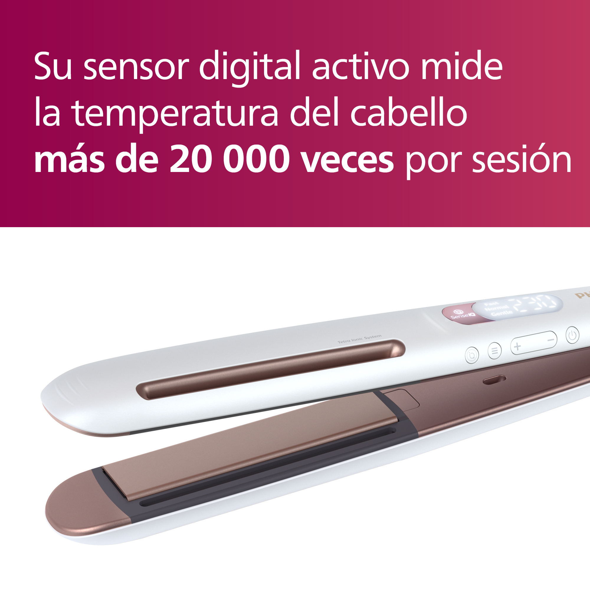 Plancha de pelo, blanco y oro rosa, texto que indica que mide la temperatura del cabello.