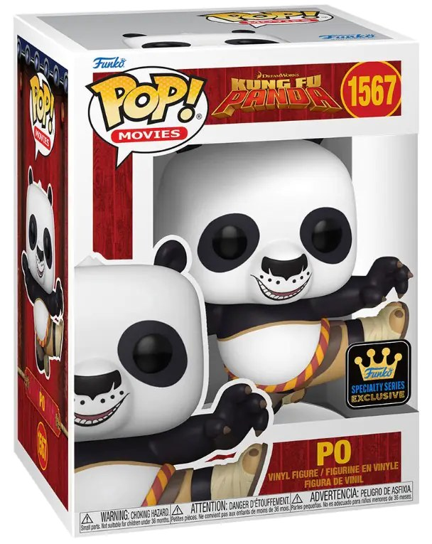 Caja Funko Pop con una figura de panda. El panda está en una pose de lucha. Caja blanca y roja.