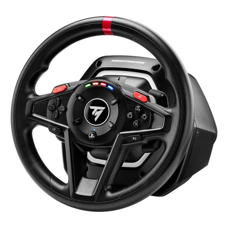 Volante de carreras negro con luces rojas y verdes. Botones y un logotipo en el centro del volante.