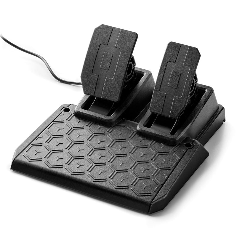Pedales de juego negros sobre una base texturizada, vista en ángulo, con cable.