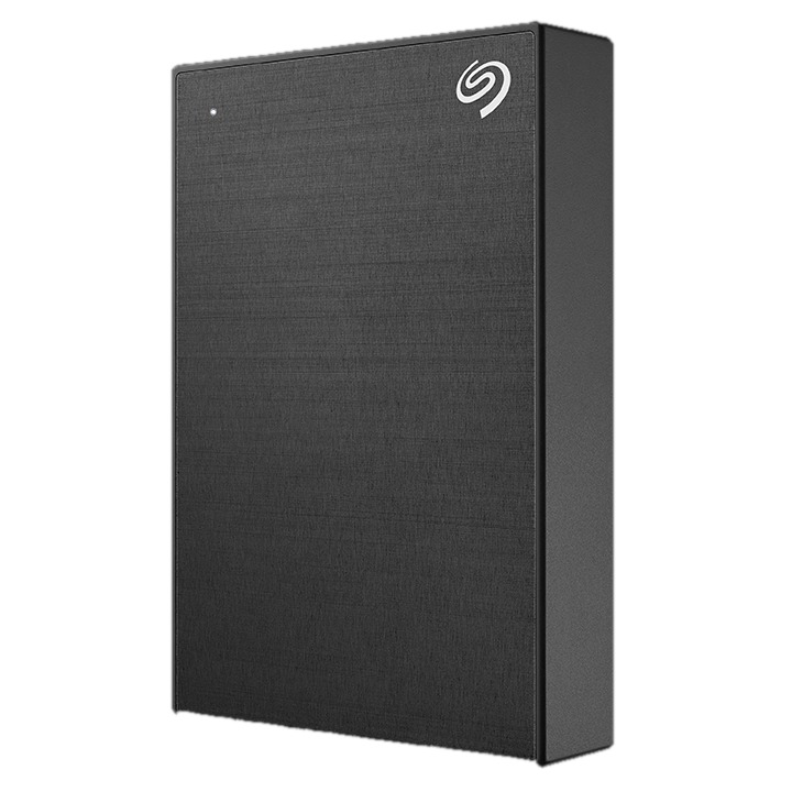 Zwarte externe harde schijf, zijaanzicht. Het is een rechthoekig apparaat met het Seagate-logo.