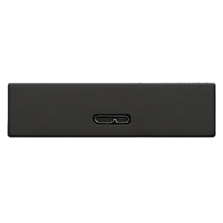 Zwart rechthoekig apparaat met een USB-C-poort aan de zijkant.