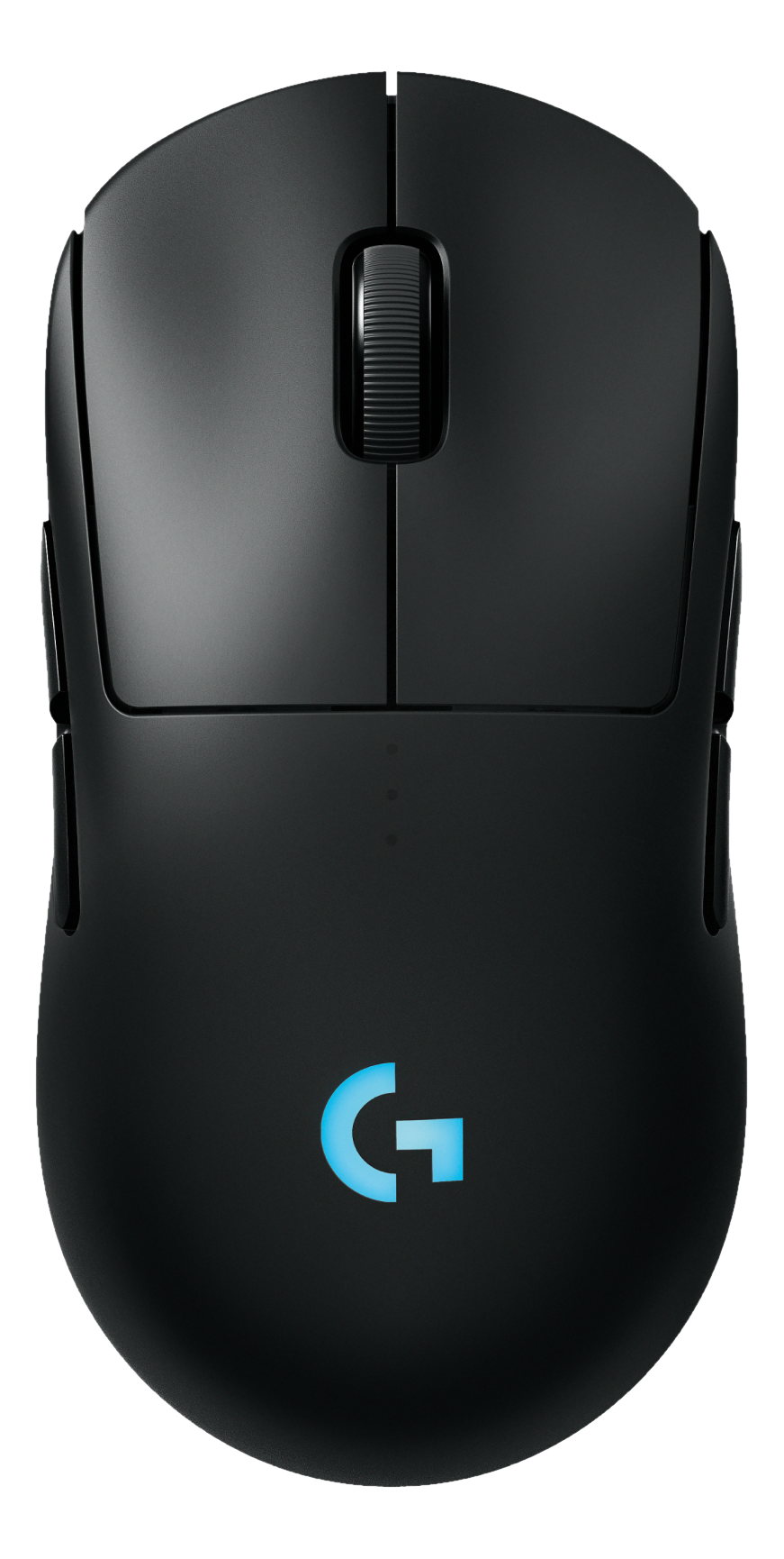 Schwarze Logitech G Pro X Superlight Maus. Beleuchtetes G-Logo, zwei Seitentasten und Scrollrad.